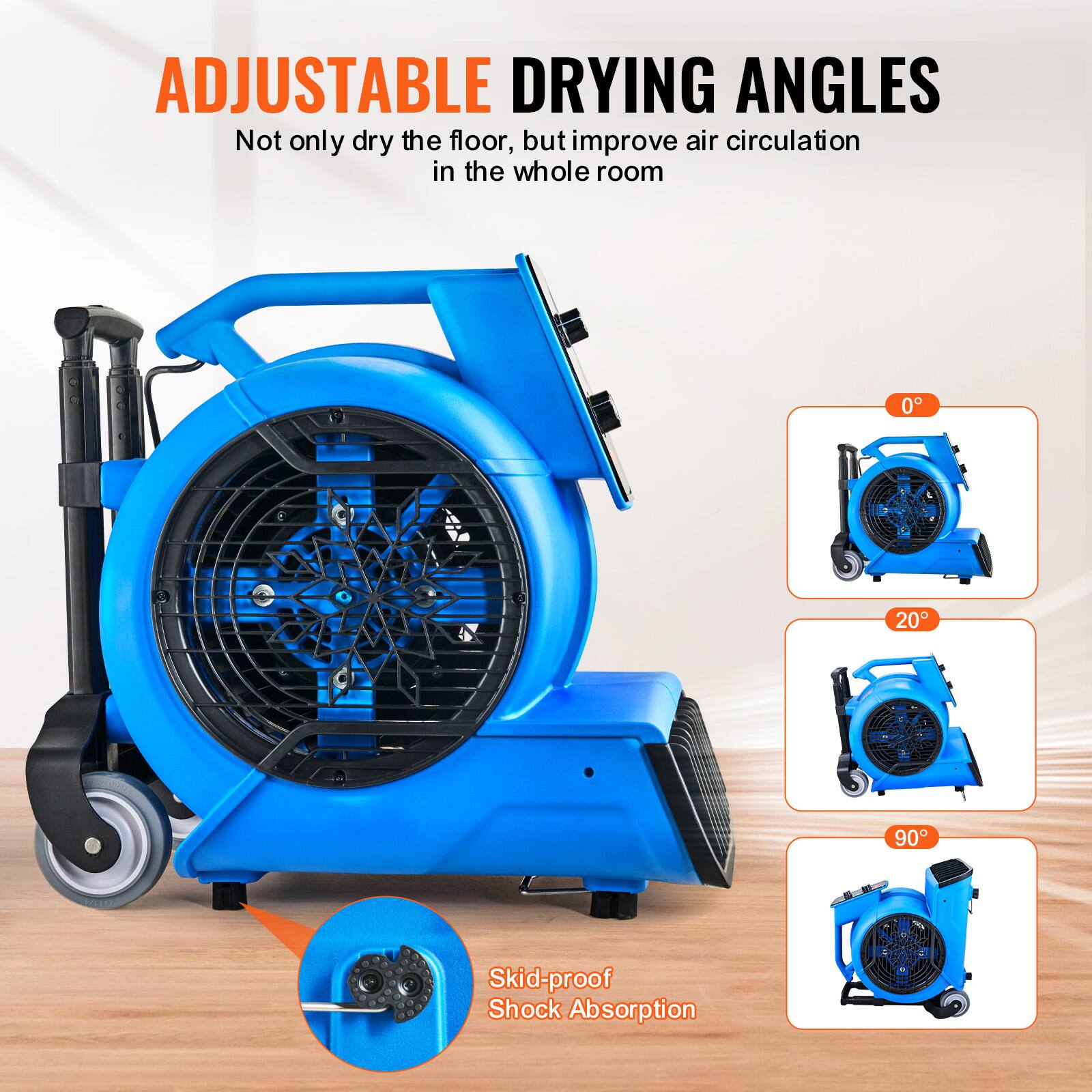 ADJUSTABLE DRYING ANGLES
Not only dry the floor, but improve air circulation in the whole room
0
20
90
Skid-proof
Shock Absorption