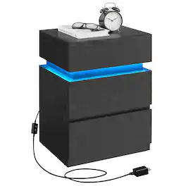 Songmics Home - Nightstand with LED Lights, Adjustable Light Colors, Bedside Table, Side Table with 3 Drawers, Modern Style - Ebony Black