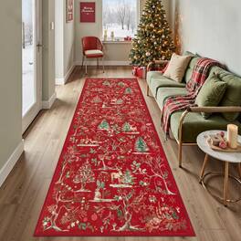 Fabibe - 2X6 RED Indoor SNOWFLAKE CHRISTMAS RUNNER WASHABLE SCALLOPED RUNNER FOR HALLWAY, SOFT NON-SLIP XMAS KITCHEN RUNNER - Red Forest 2.6' x 8'