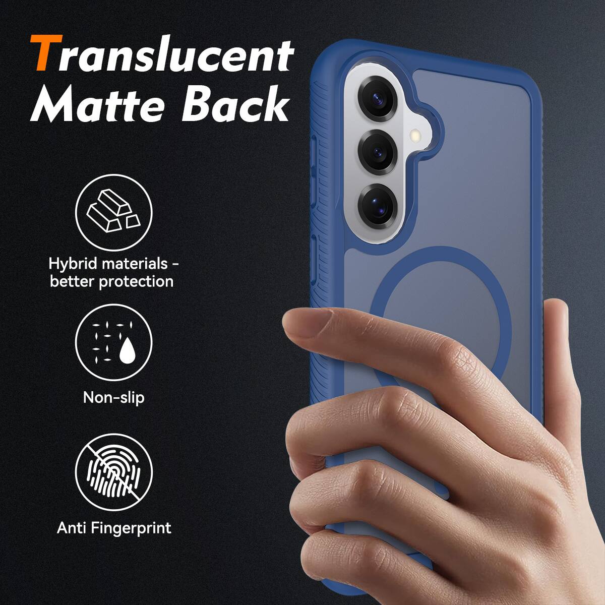 Translucent Matte Back  
Hybrid materials - better protection  
Non-slip  
Anti Fingerprint