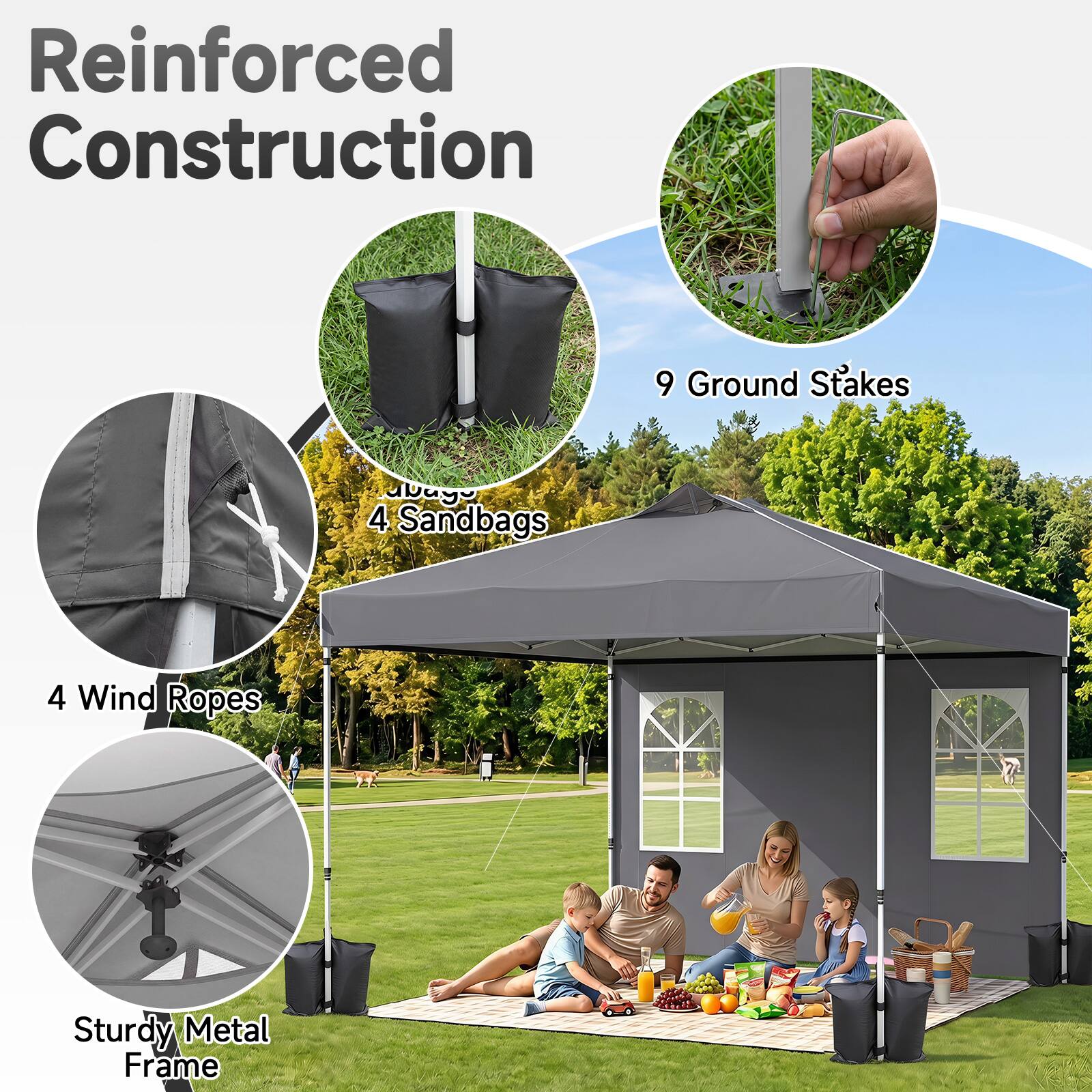 Reinforced Construction

- 9 Ground Stakes
- 4 Sandbags
- 4 Wind Ropes
- Sturdy Metal Frame
