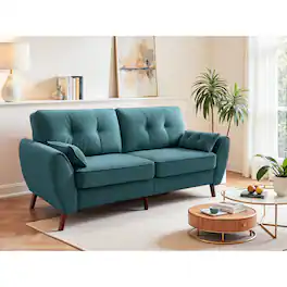 KERDOM - Soft Teddy Fleece Loveseat Futon Small Couch for Apt, Office, Deep Seat Sofa Bed, Fluffy Thick Back Cushion, Arms Pillow - Blue