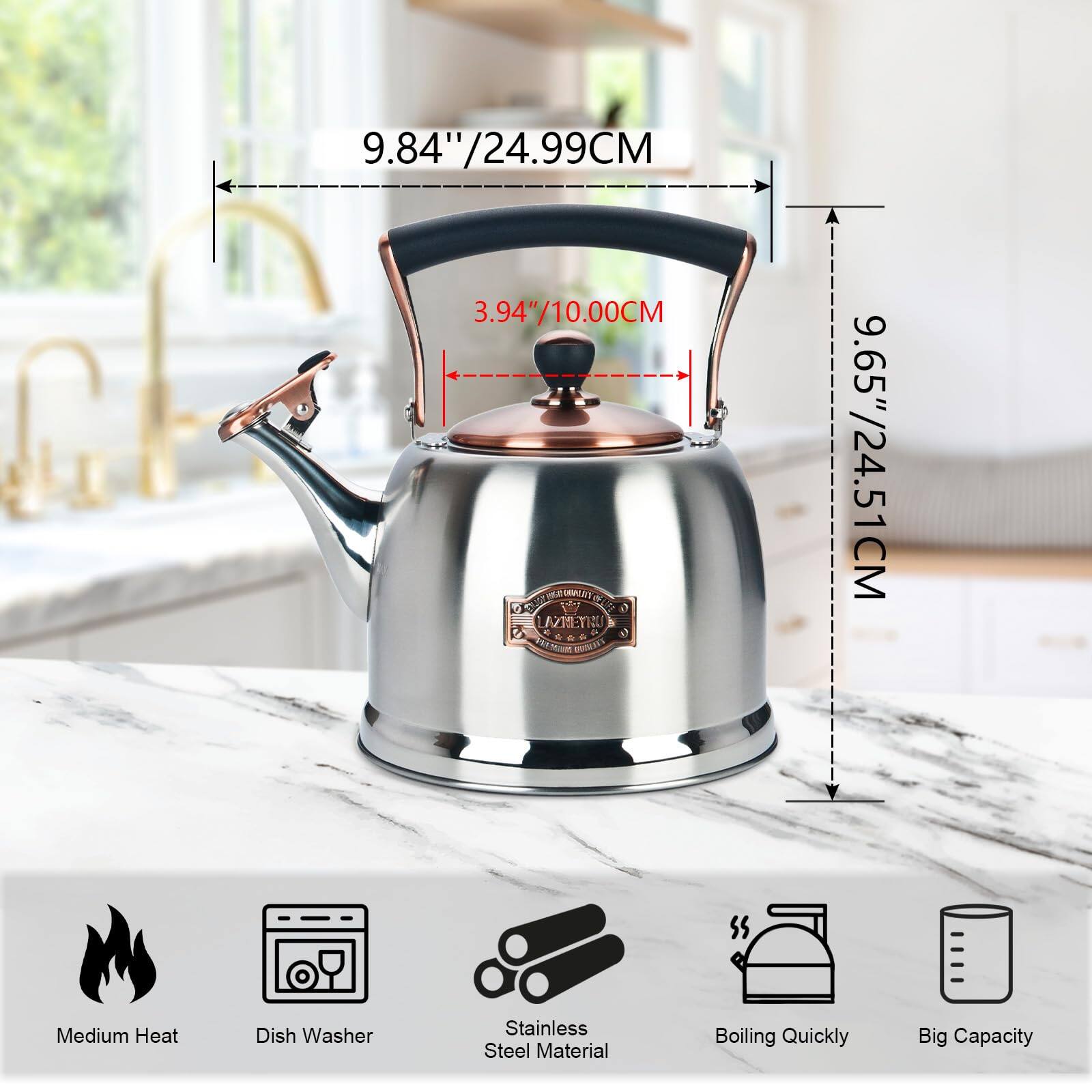 9.84" / 24.99CM  
3.94" / 10.00CM  
9.65" / 24.51CM  

Medium Heat  
Dish Washer  
Stainless Steel Material  
Boiling Quickly  
Big Capacity