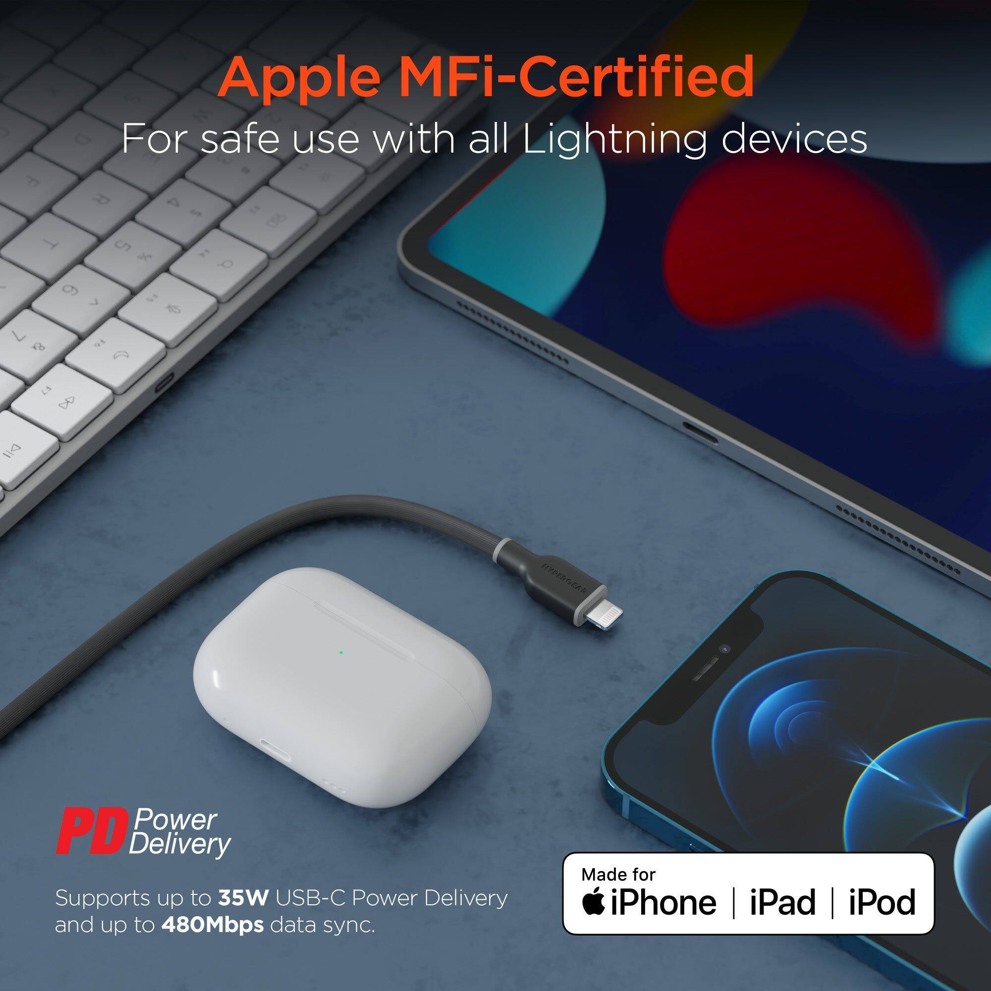 Apple MFi-Certified  
For safe use with all Lightning devices  

PD Power Delivery  
Supports up to 35W USB-C Power Delivery and up to 480Mbps data sync.  

Made for iPhone | iPad | iPod