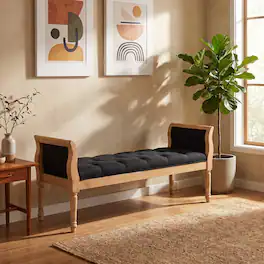 Ropilly - Modern Upholstered Entryway Bench, Fabric Seat with Natural Wood Frame and Curved Arms - Charcoal Grey