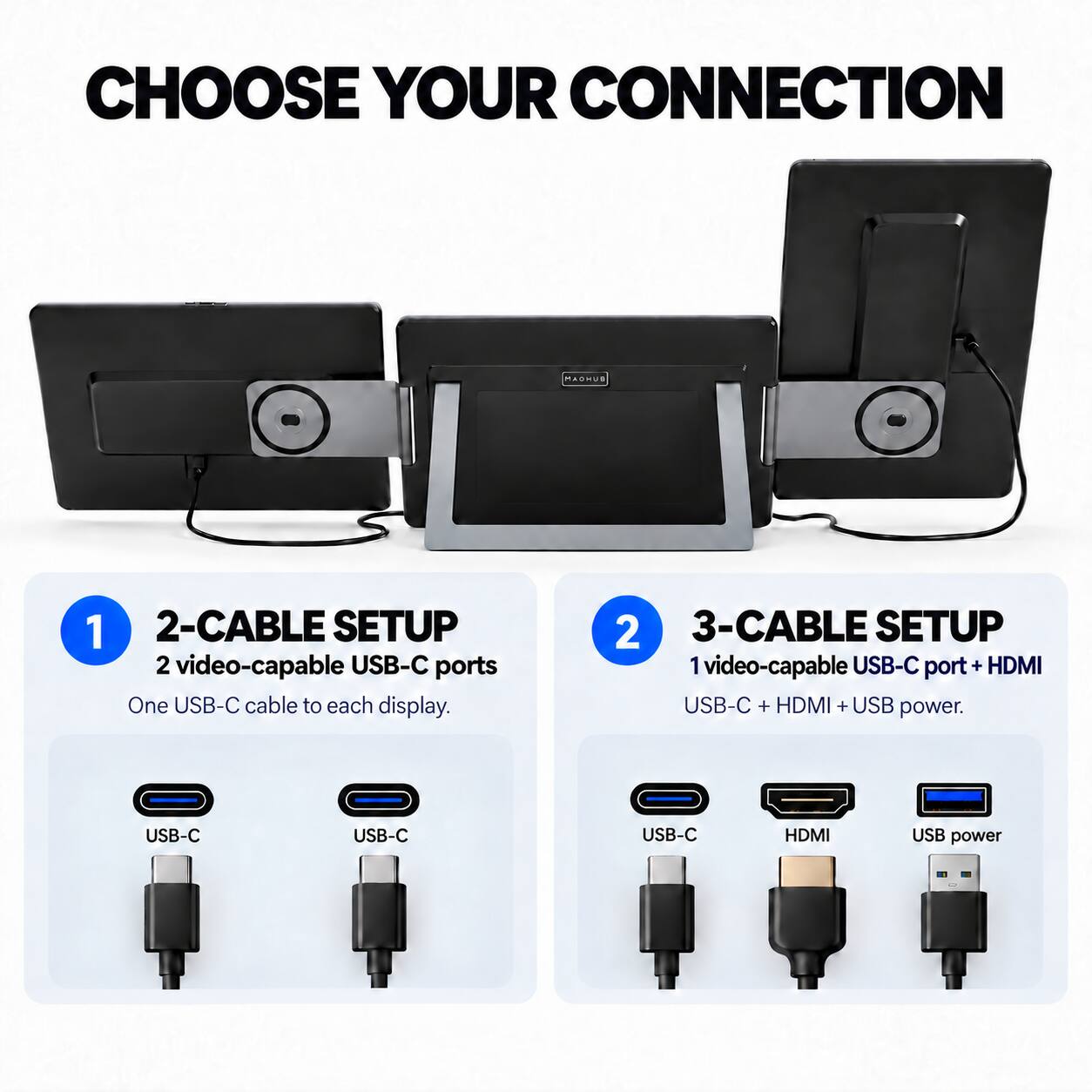 CHOOSE YOUR CONNECTION

1. 2-CABLE SETUP
   - 2 video-capable USB-C ports
   - One USB-C cable to each display.

2. 3-CABLE SETUP
   - 1 video-capable USB-C port + HDMI
   - USB-C + HDMI + USB power.