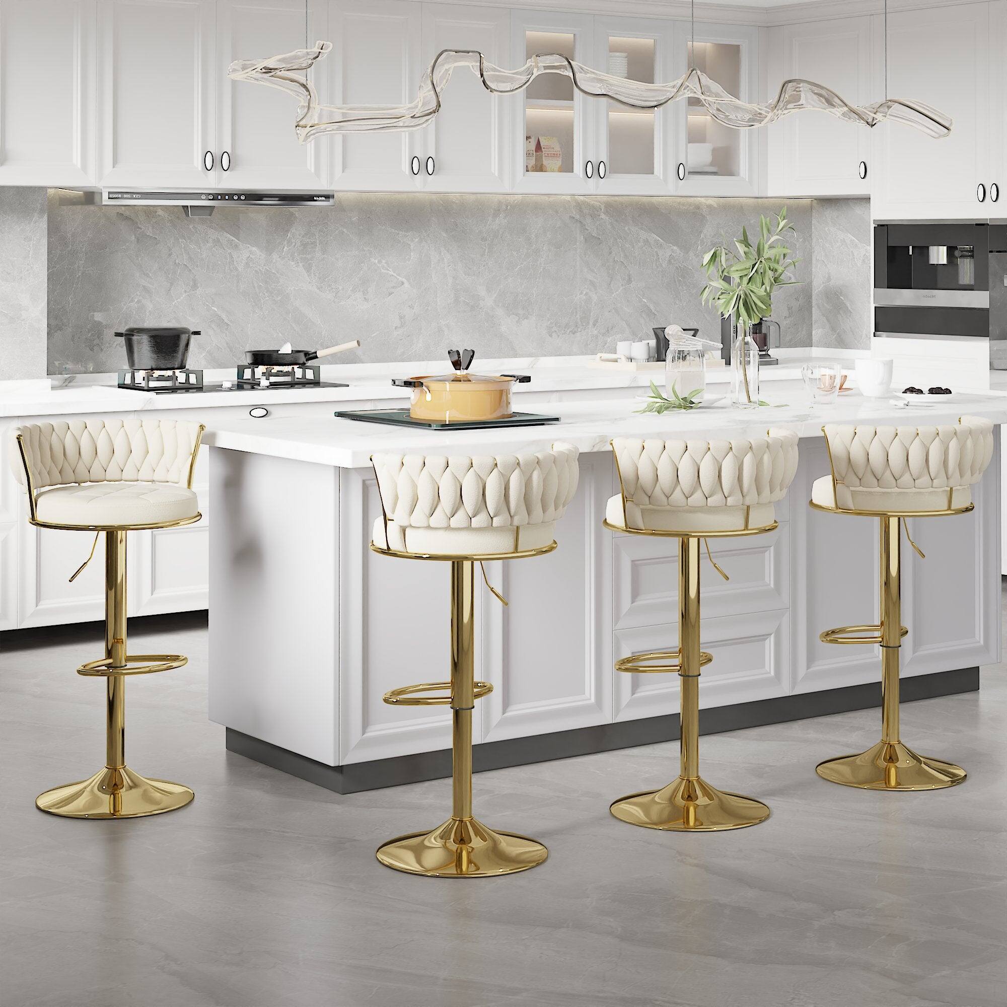 Left. Vecelo - Set of 2 Velvet Adjustable Bar Stools, 360 Swivel Bar Chairs with Back, Modern Counter Height Stools with Gold Base - White.