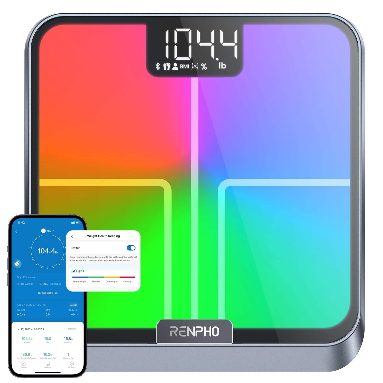 Renpho - Smart Scale for Body Weight with Customize Scale Colors, Rechargeable, ITO Coating, Elis Chroma - White