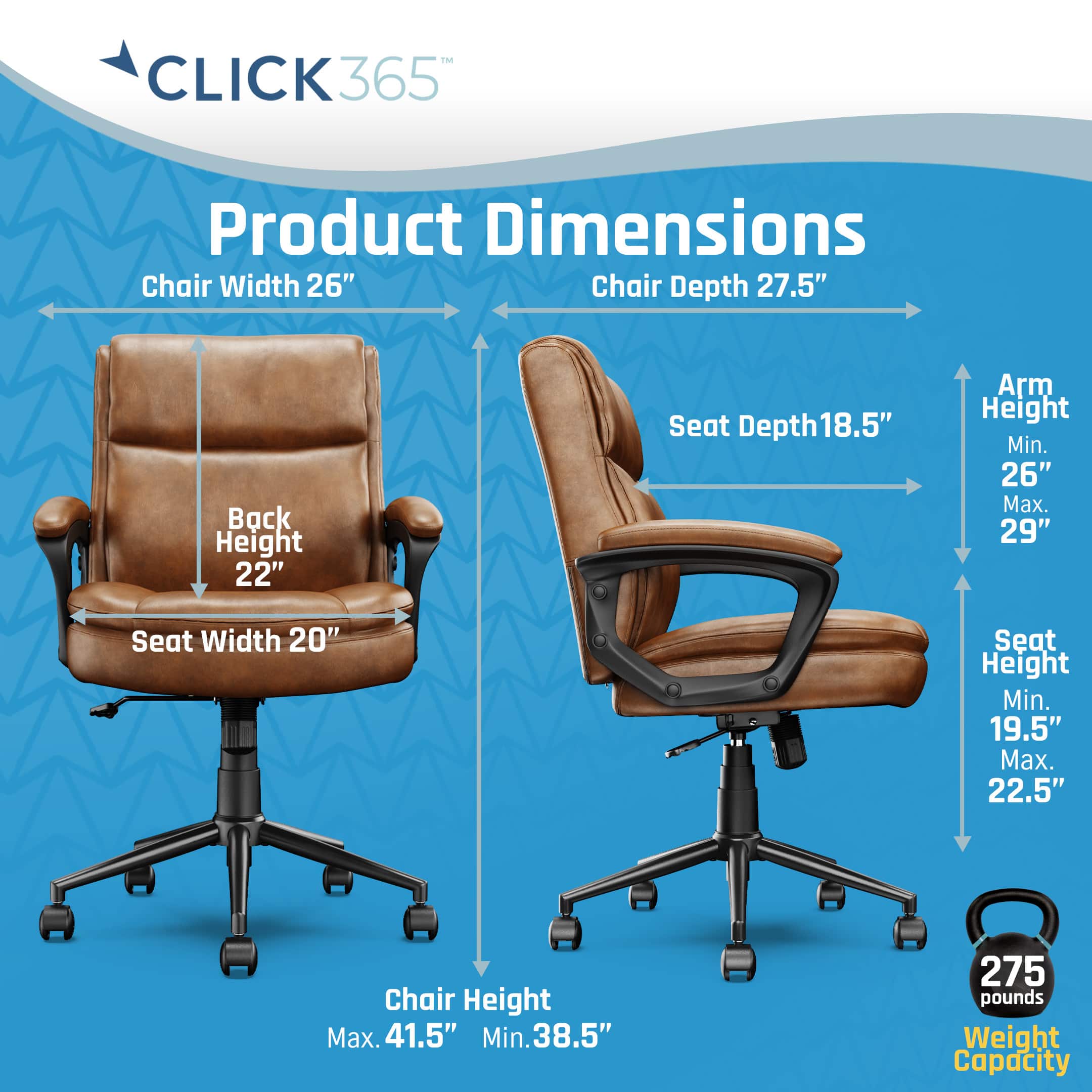 Left. Click365 - Transform 2.0 Extra Comfort Ergonomic Mid-Back Desk Chair - Cognac.