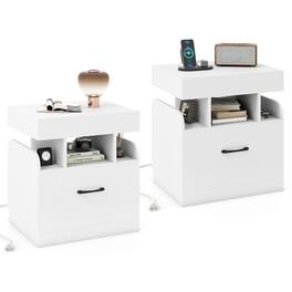 Gymax - 2PCS Nightst& w/Charging Station Drawer Sliding Top Storage Tray Open Shelves - White