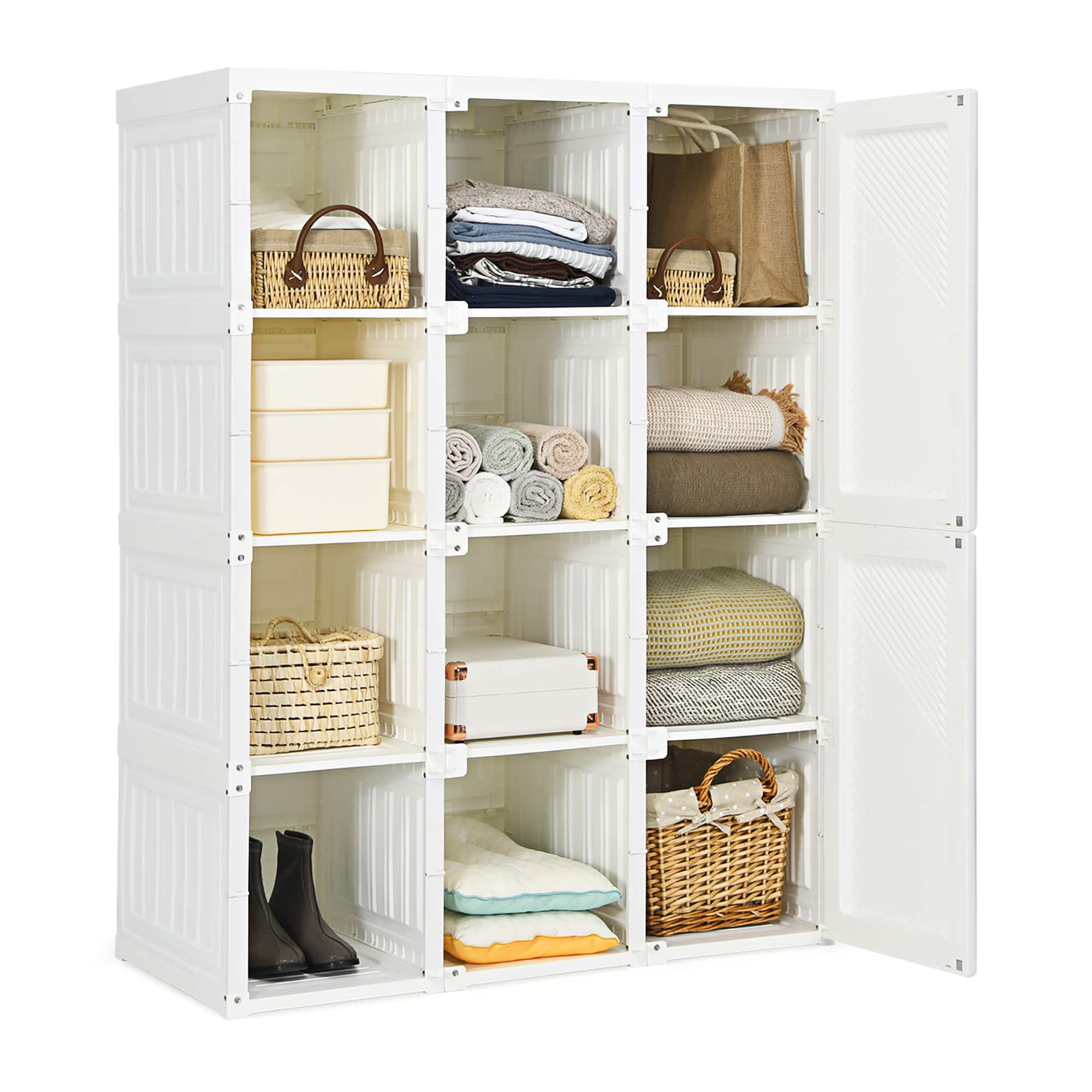 Costway - Portable Closet Clothes Modern Foldable Armoire Wardrobe Closet with 12 Cubby Storage - White