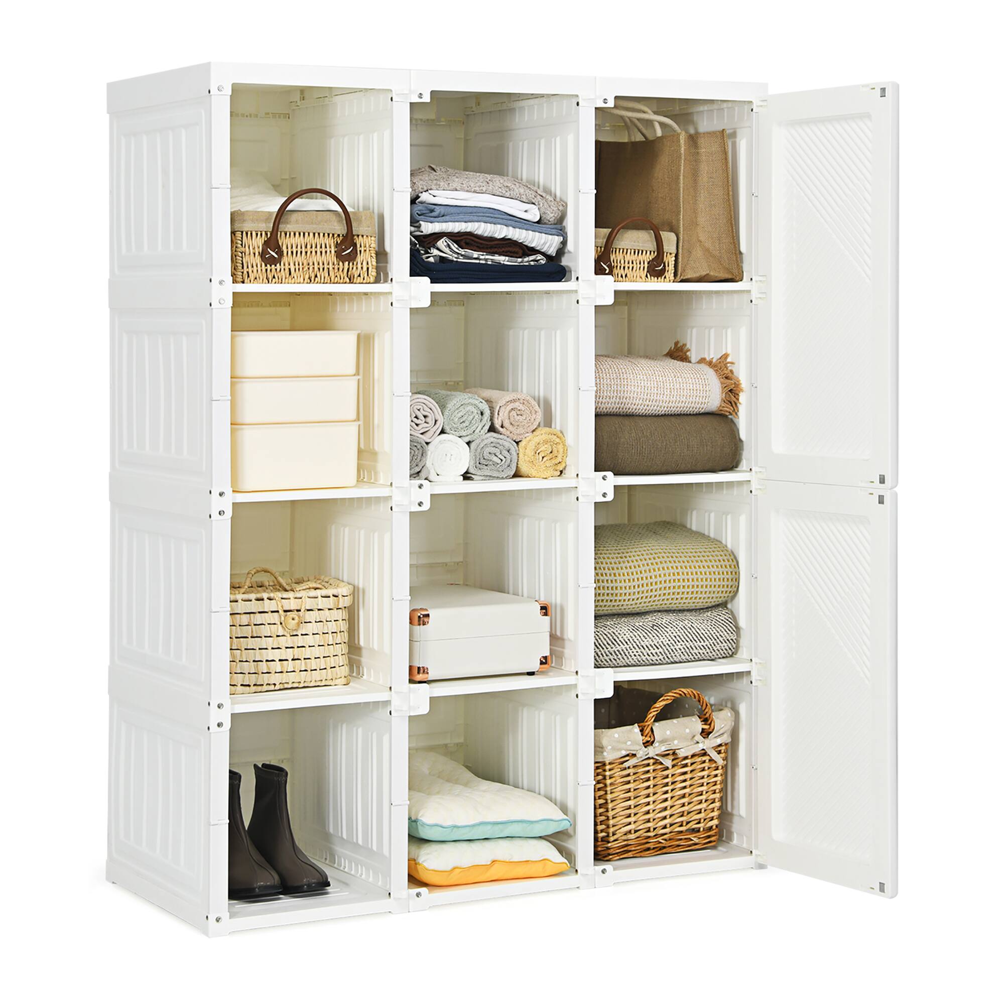 Costway - Portable Closet Clothes Modern Foldable Armoire Wardrobe Closet with 12 Cubby Storage - White