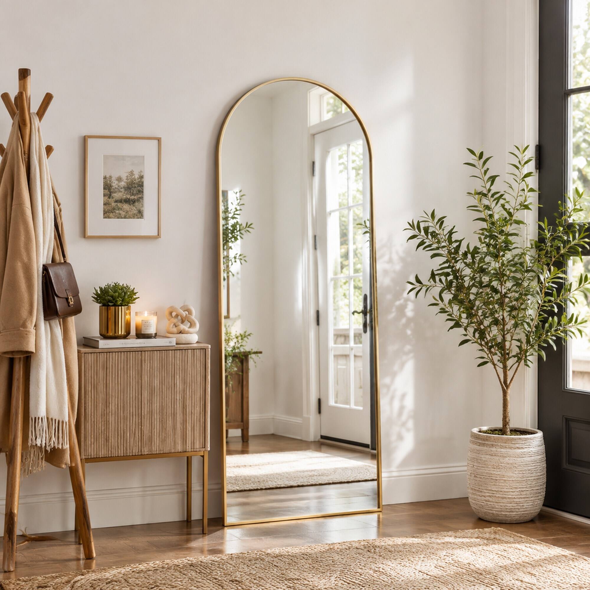 Left. RYHNUYNE - 28 x 74 in Gold Arch Full Length Body Mirror, Rounded Top, Iron Frame, Wall Mount or Leaning - Gold.