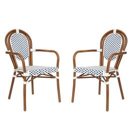 Emma + Oliver - Colmar Set of Two Indoor/Outdoor Stacking Thonet Bistro Style Chairs with Arms, PE Rattan Seat and Metal Frame - White & Navy/Natural Frame