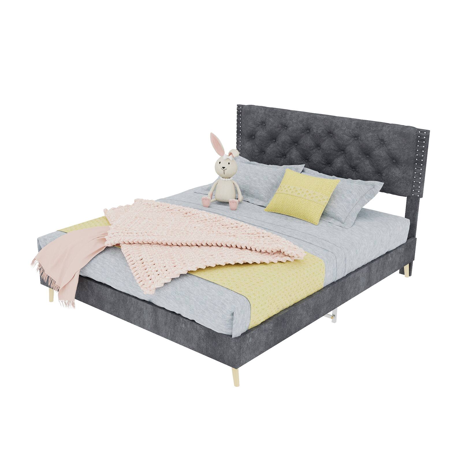 Alt View 5. Loheer - Loheer Gray Velvet Queen Bed Frame Sturdy Upholstered Platform Bed - Grey.