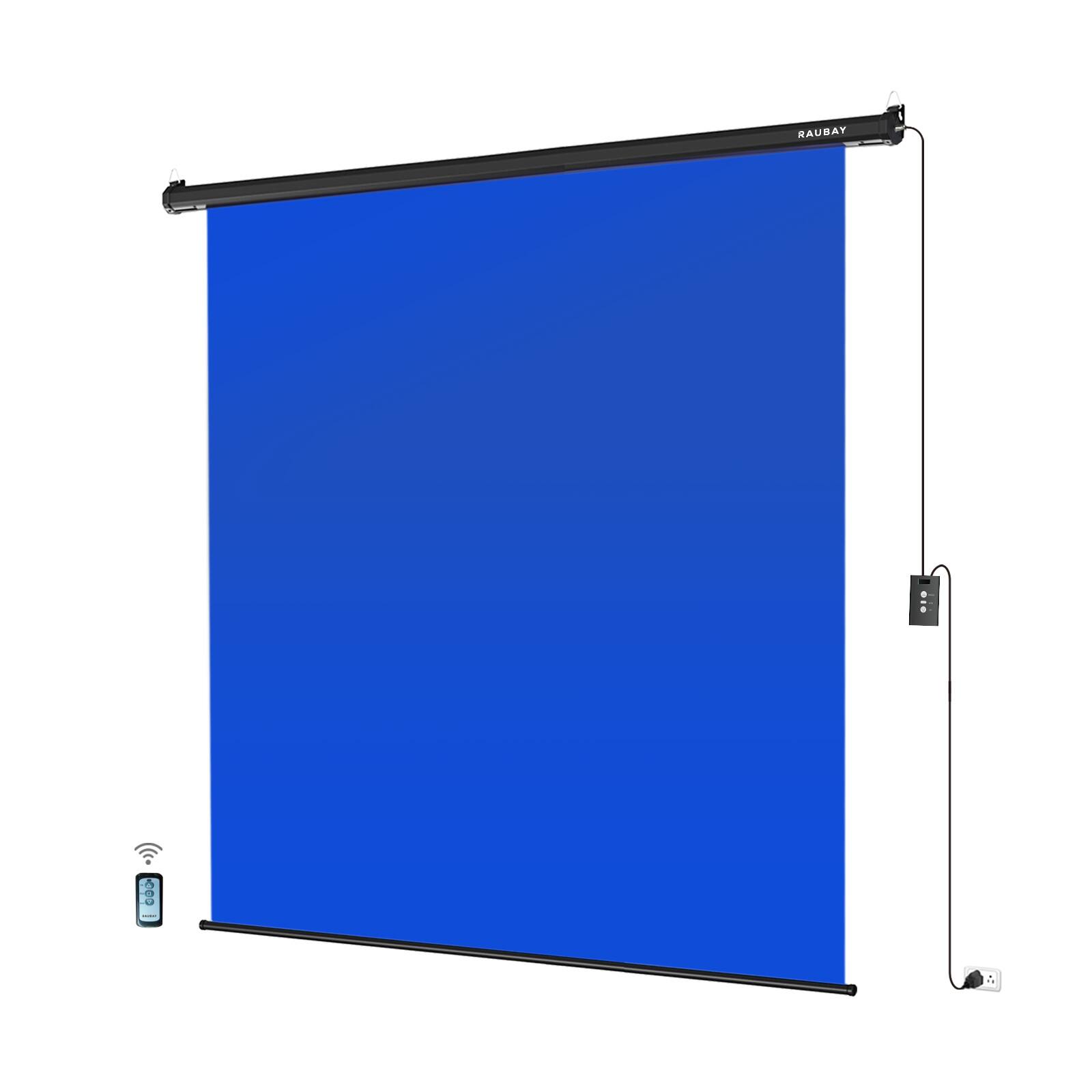 RAUBAY - 6.7′ x 7.2′ Motorized Pull Down Blue Screen Collapsible Wall-Mount Background