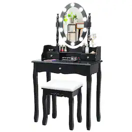 WELLFOR - Makeup Vanity Table Set with LED Mirror &, 3 Storage Drawers, Vanity Desk with Soft‑Sponge Cushioned Stool for Bedroom - Black