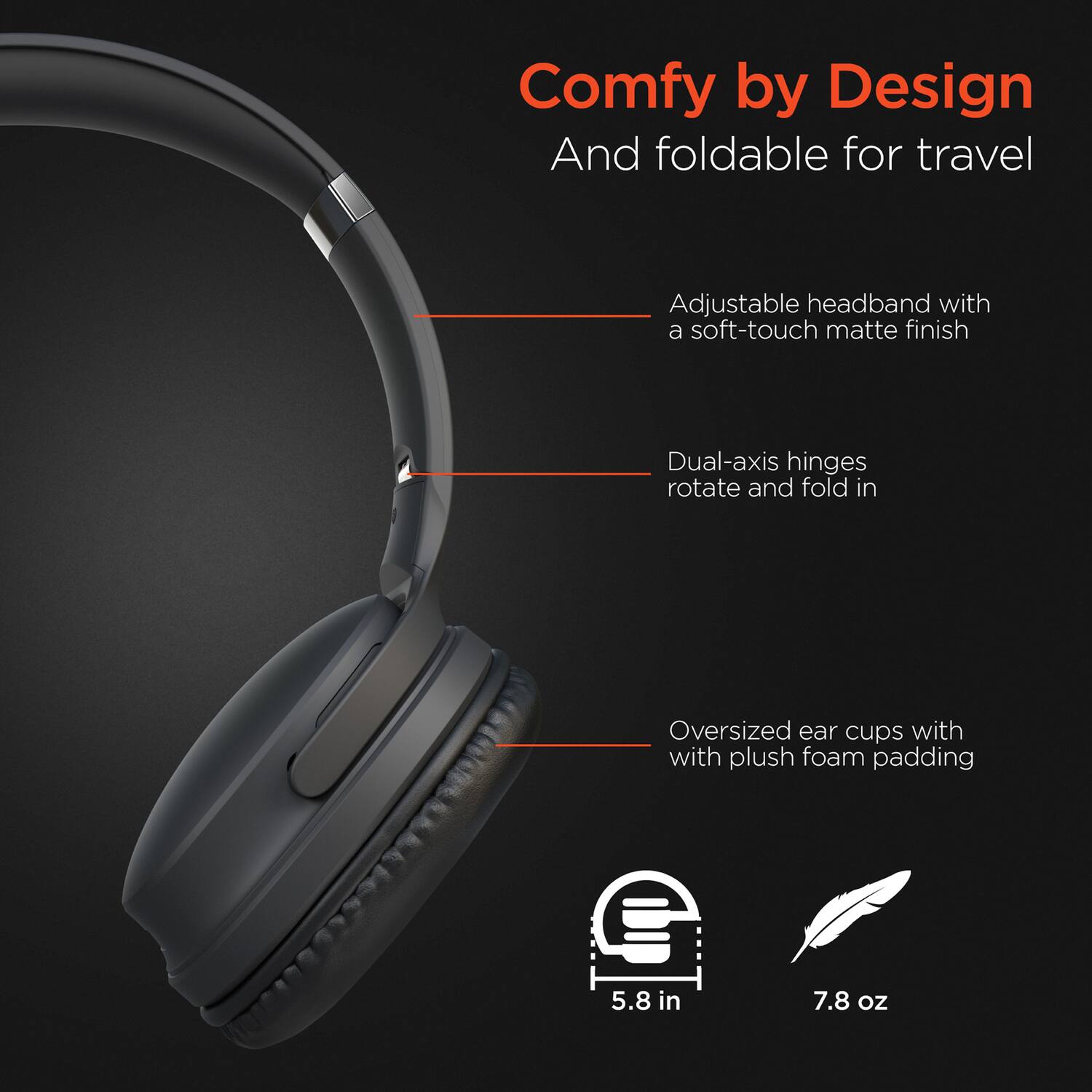 Comfy by Design  
And foldable for travel  

Adjustable headband with a soft-touch matte finish  

Dual-axis hinges rotate and fold in  

Oversized ear cups with plush foam padding  

5.8 in  
7.8 oz