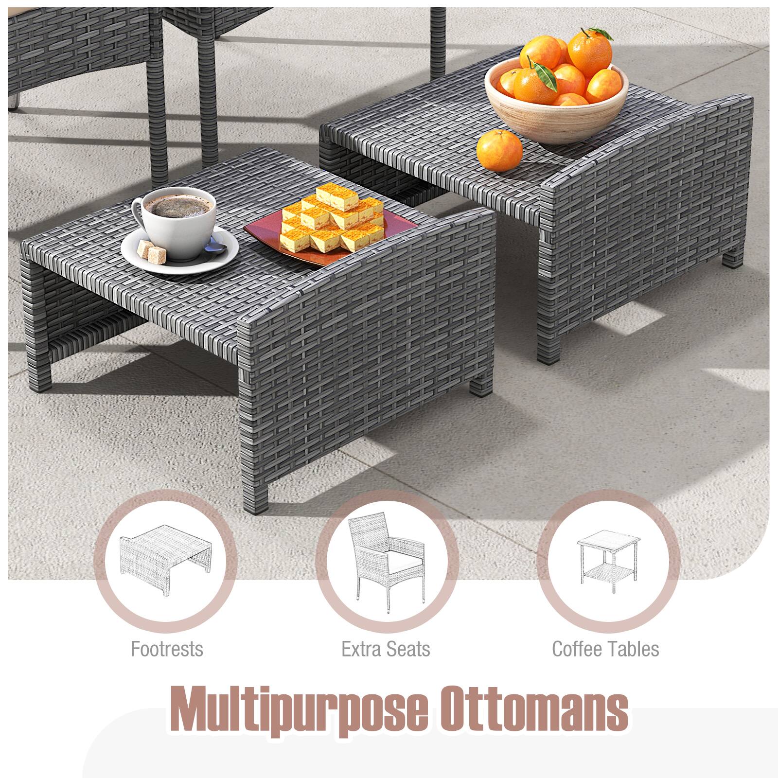 The text on the image reads: "Multipurpose Ottomans Footrests Extra Seats Coffee Tables."