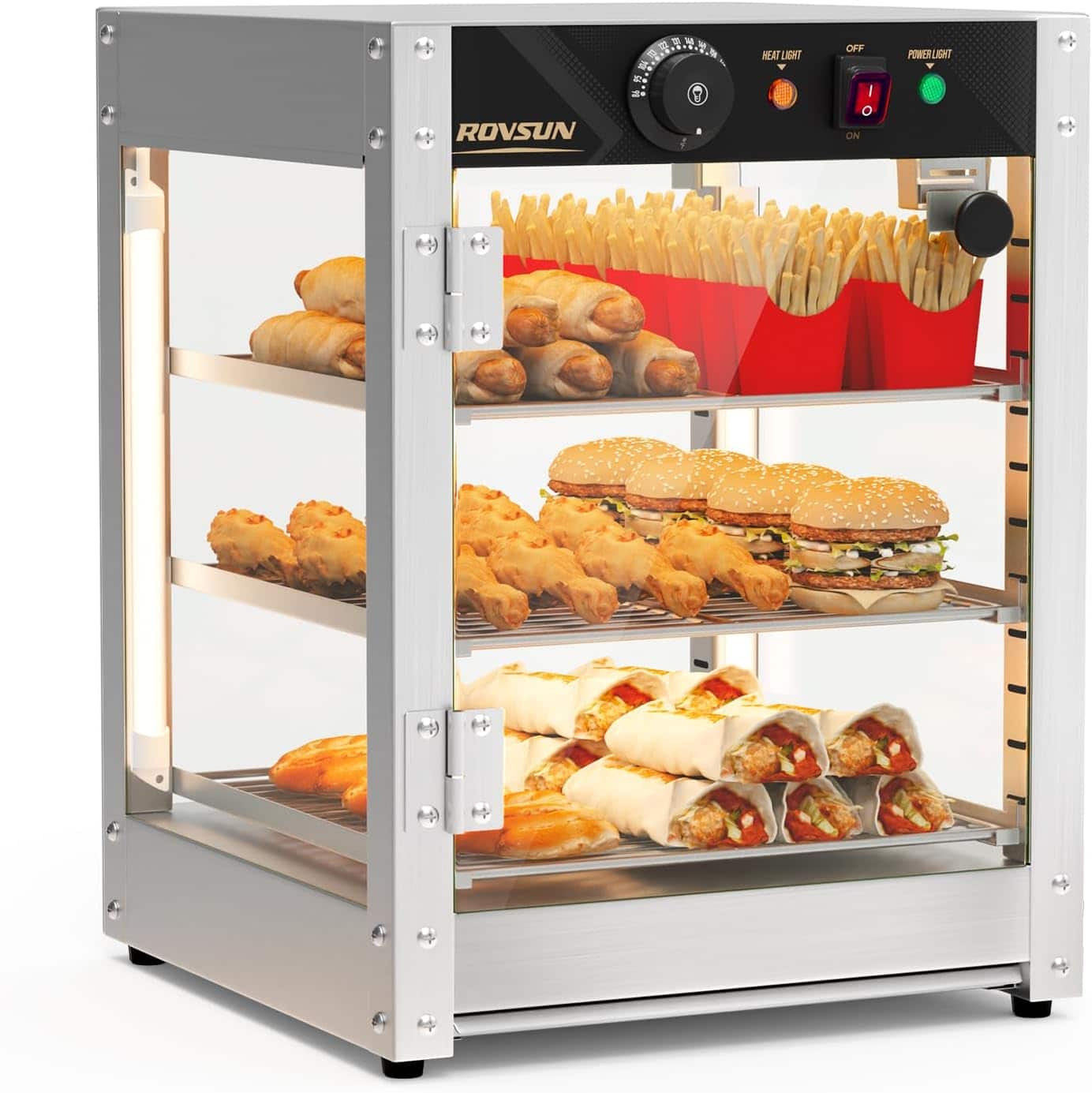 Winado - 3-Tier Commercial Food Warmer, 15" Pizza Warmer Food Warmer Display with LED Adjustable Lighting Glass Door 110V 800W - Black/Silver