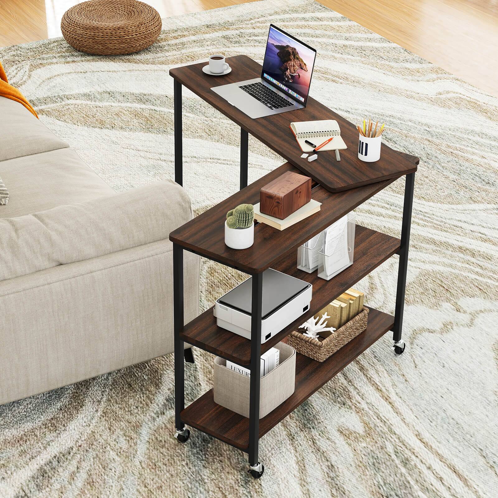Alt View 3. Costway - Costway 360° Rotation Mobile Laptop Table with 2-Tier Storage Shelves & 6 Universal Wheels - Walnut.