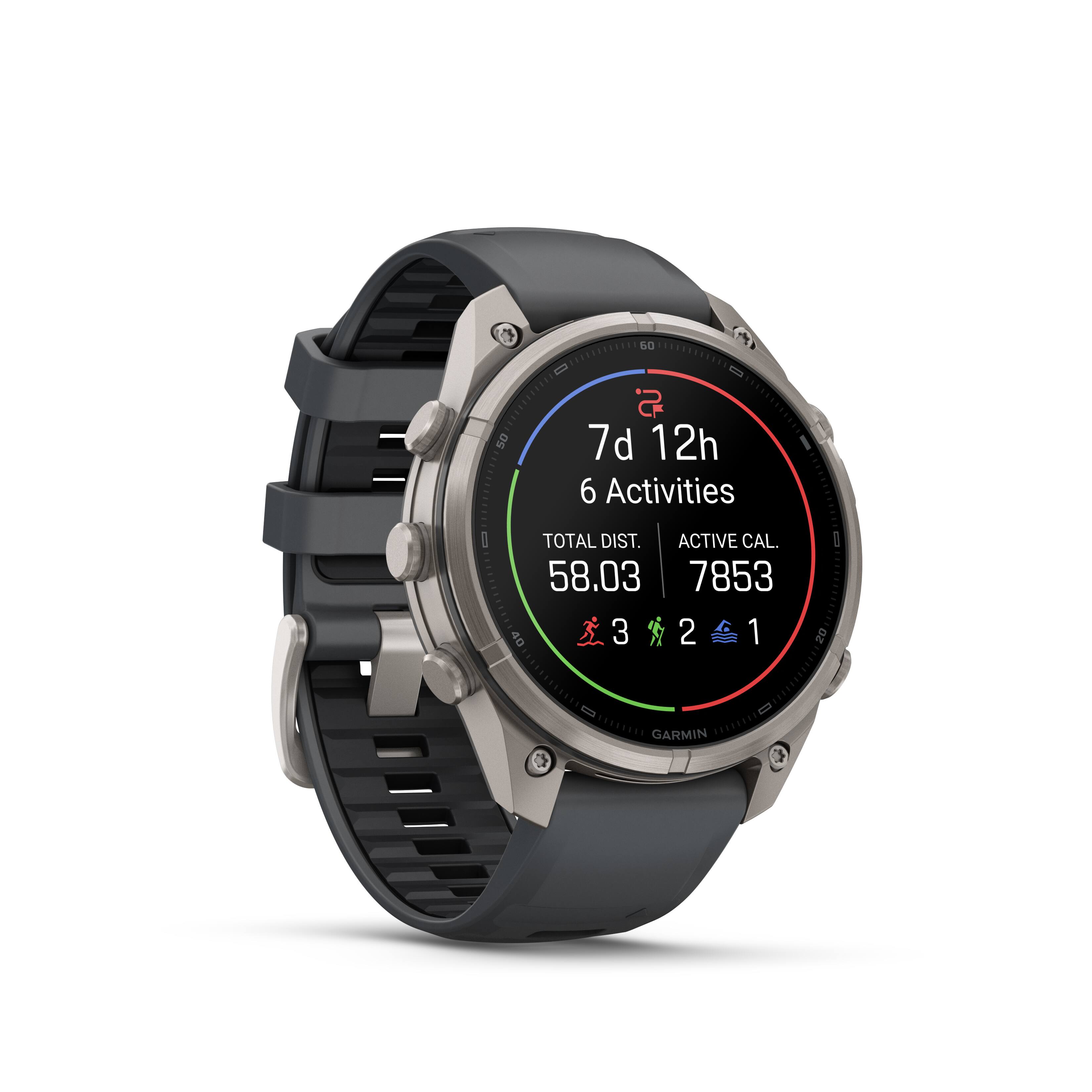 7d 12h  
6 Activities  
TOTAL DIST. 58.03  
ACTIVE CAL. 7853  
3 2 1  
GARMIN