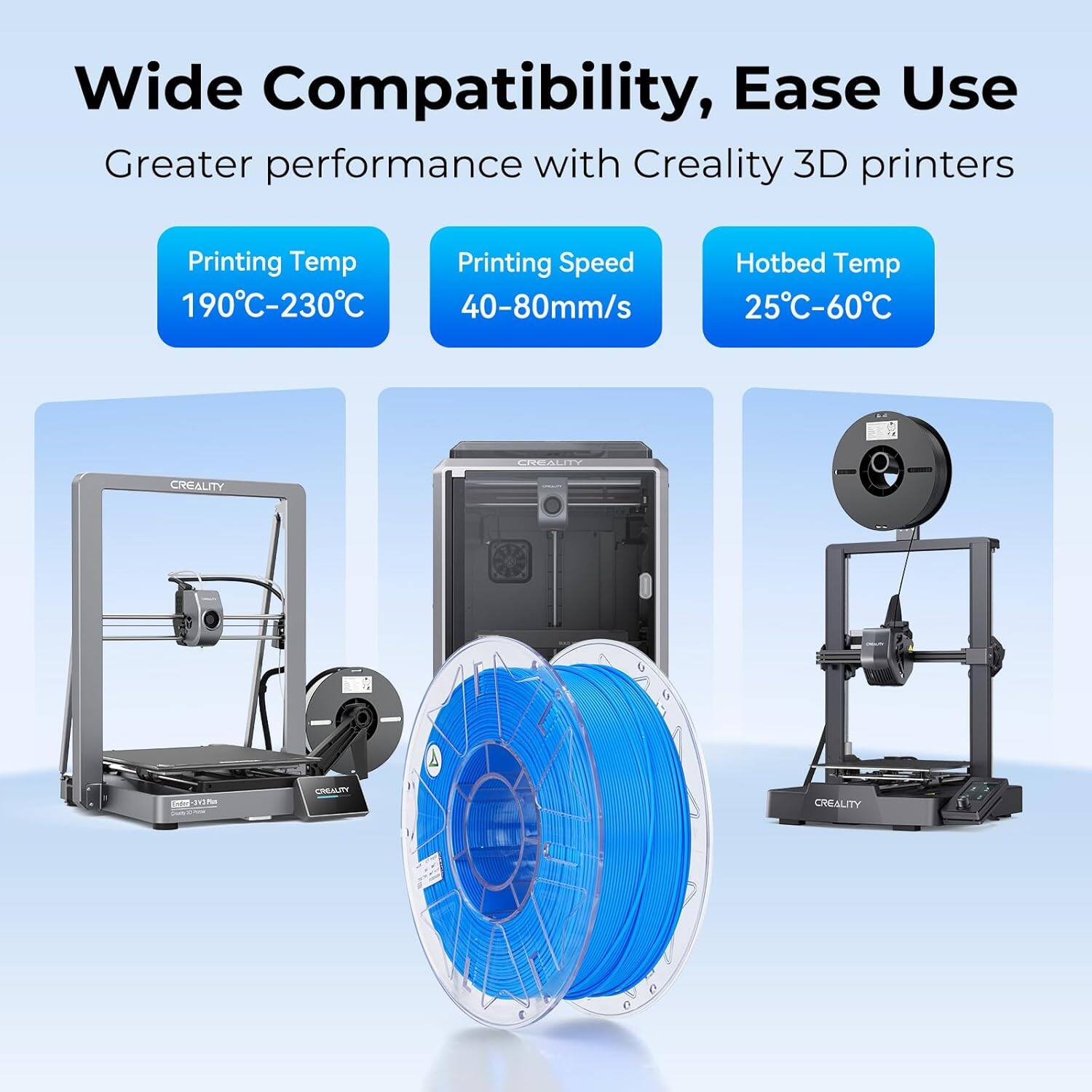 Wide Compatibility, Ease Use Greater performance with Creality 3D printers Printing Temp: 190C-230C Printing Speed: 40-80mm/s Hotbed Temp: 25C-60C