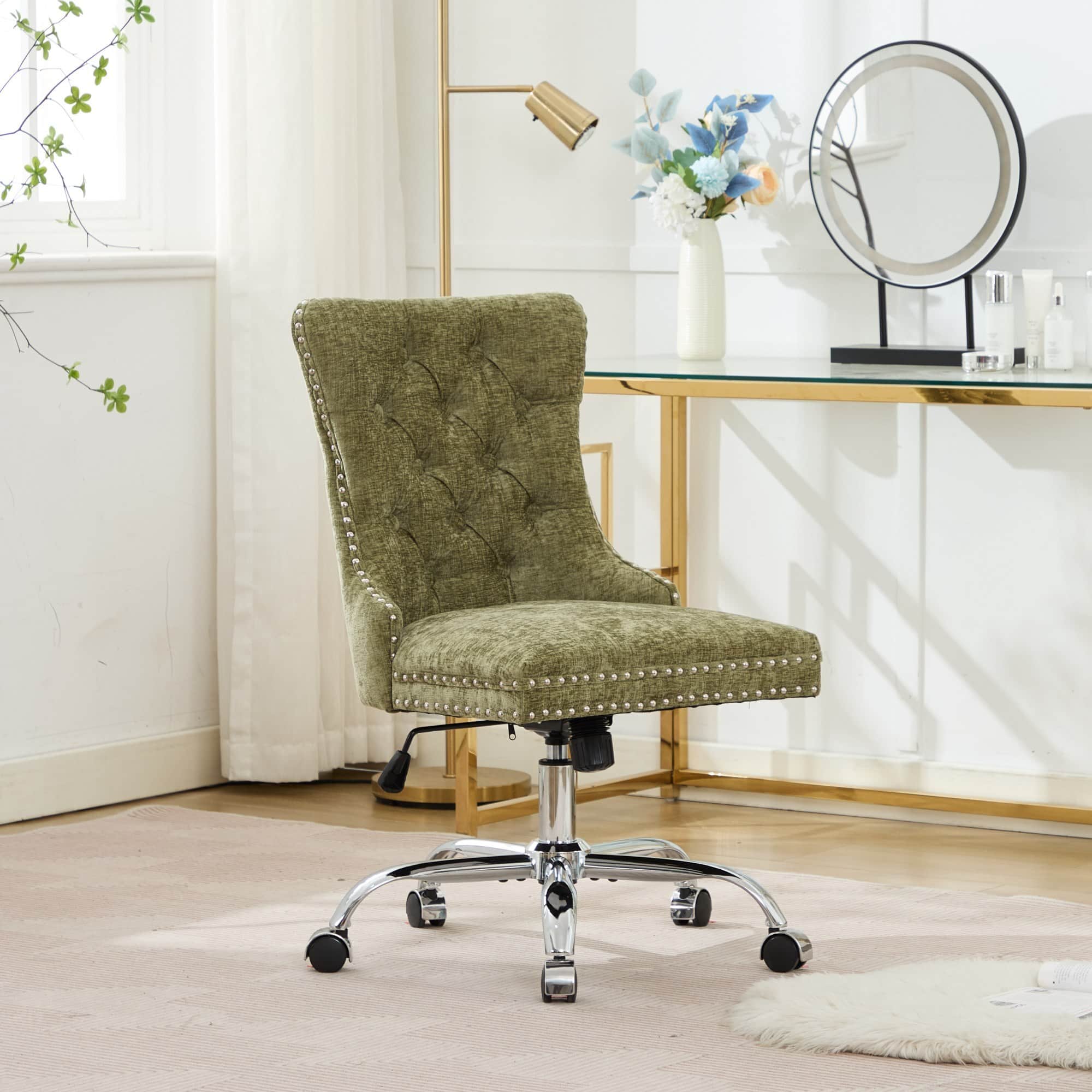 Trinkets Crazed - Home Office Chair with Wheels & Silver Base,Chenille Fabric Makeup Vanity Chair with Tufted Back, Swivel Desk Chair - Green