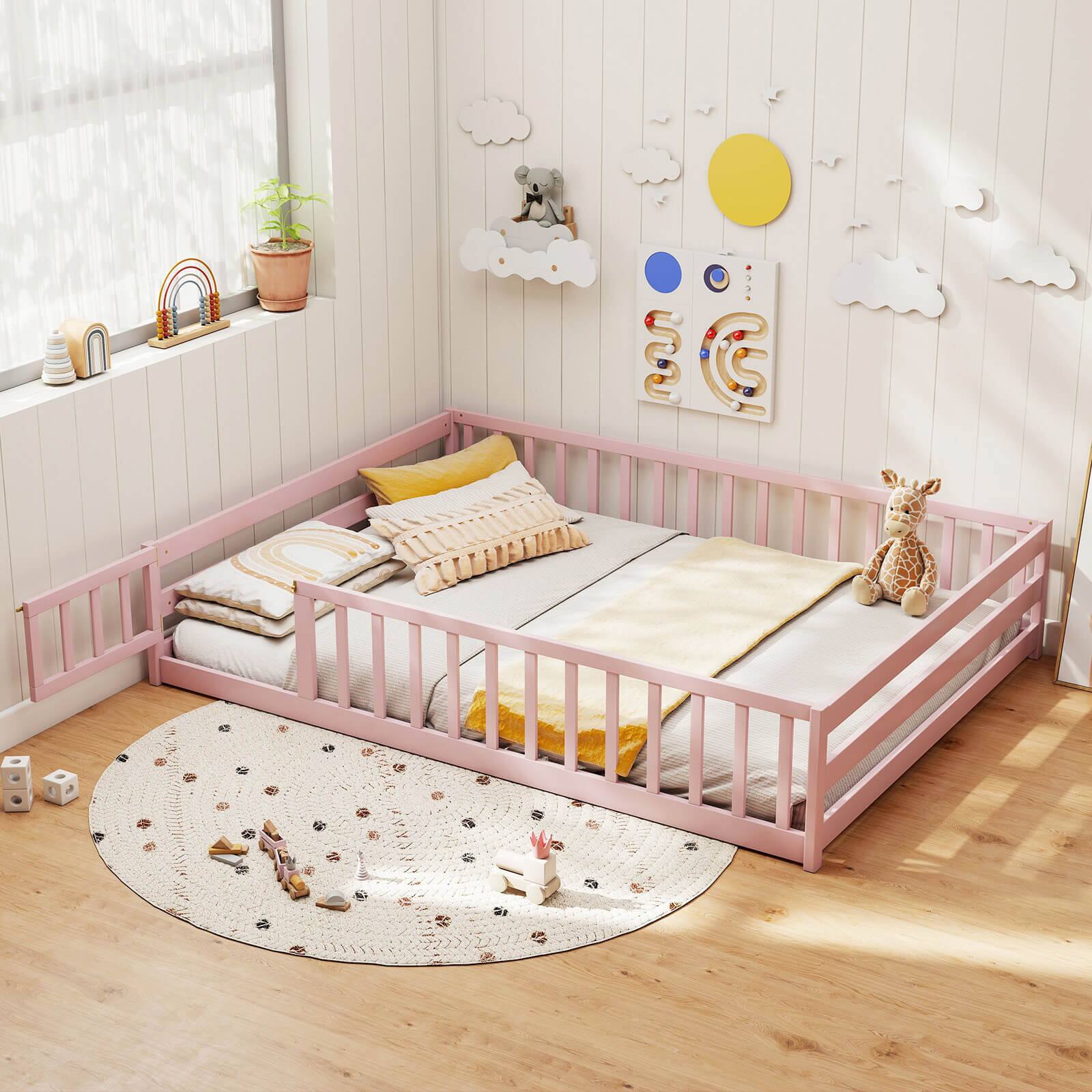 Alt View 1. Costway - Costway Full Size Floor Bed with Full Length Safety Guardrails & Door for Boys, Girls - Pink.