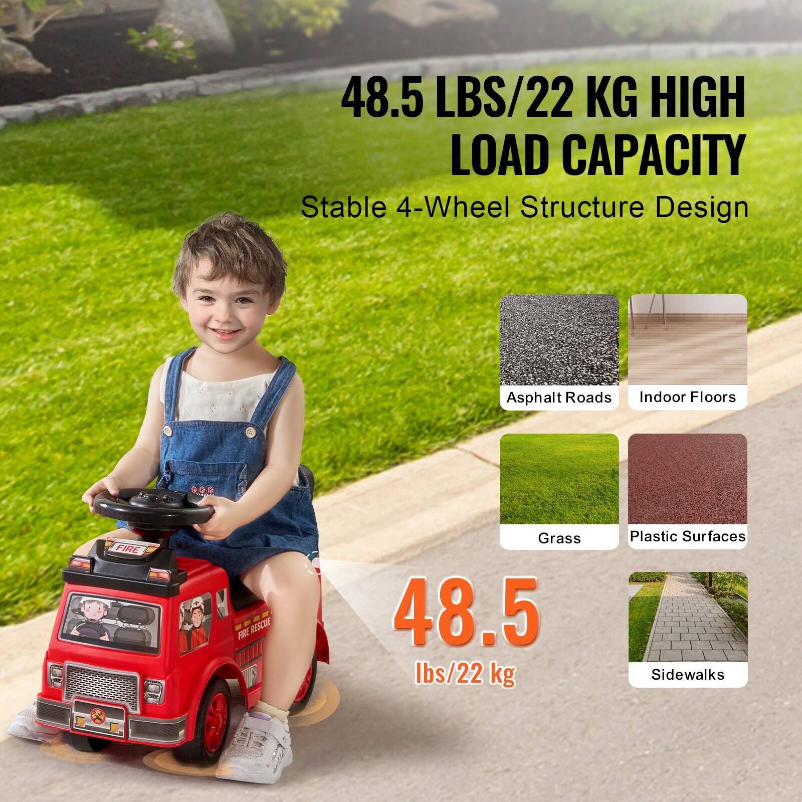48.5 LBS/22 KG HIGH LOAD CAPACITY  
Stable 4-Wheel Structure Design  

Asphalt Roads  
Indoor Floors  
Grass  
Plastic Surfaces  
Sidewalks  

48.5 lbs/22 kg