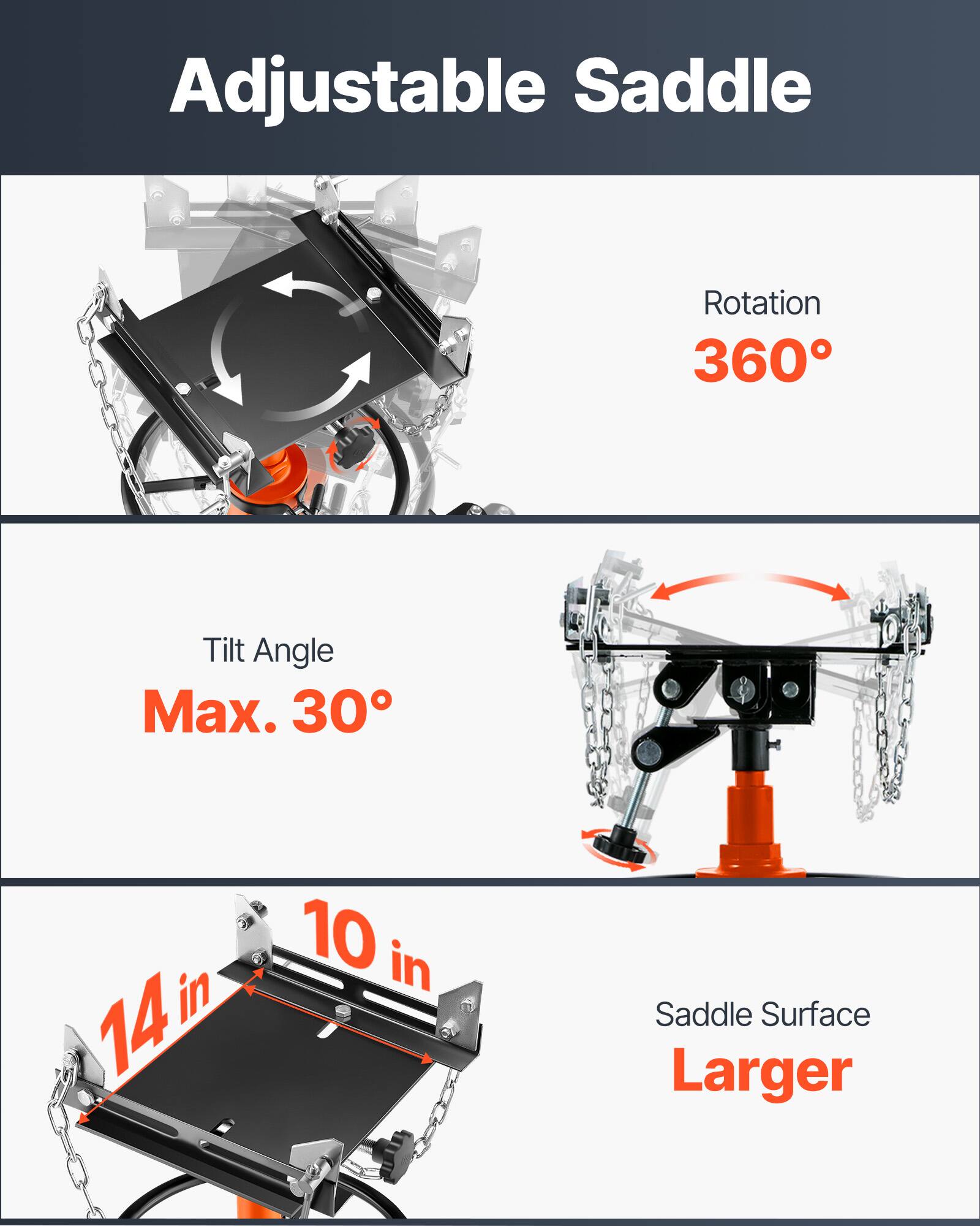 Adjustable Saddle  
Rotation 360°  
Tilt Angle Max. 30°  
Saddle Surface 14 in x 10 in