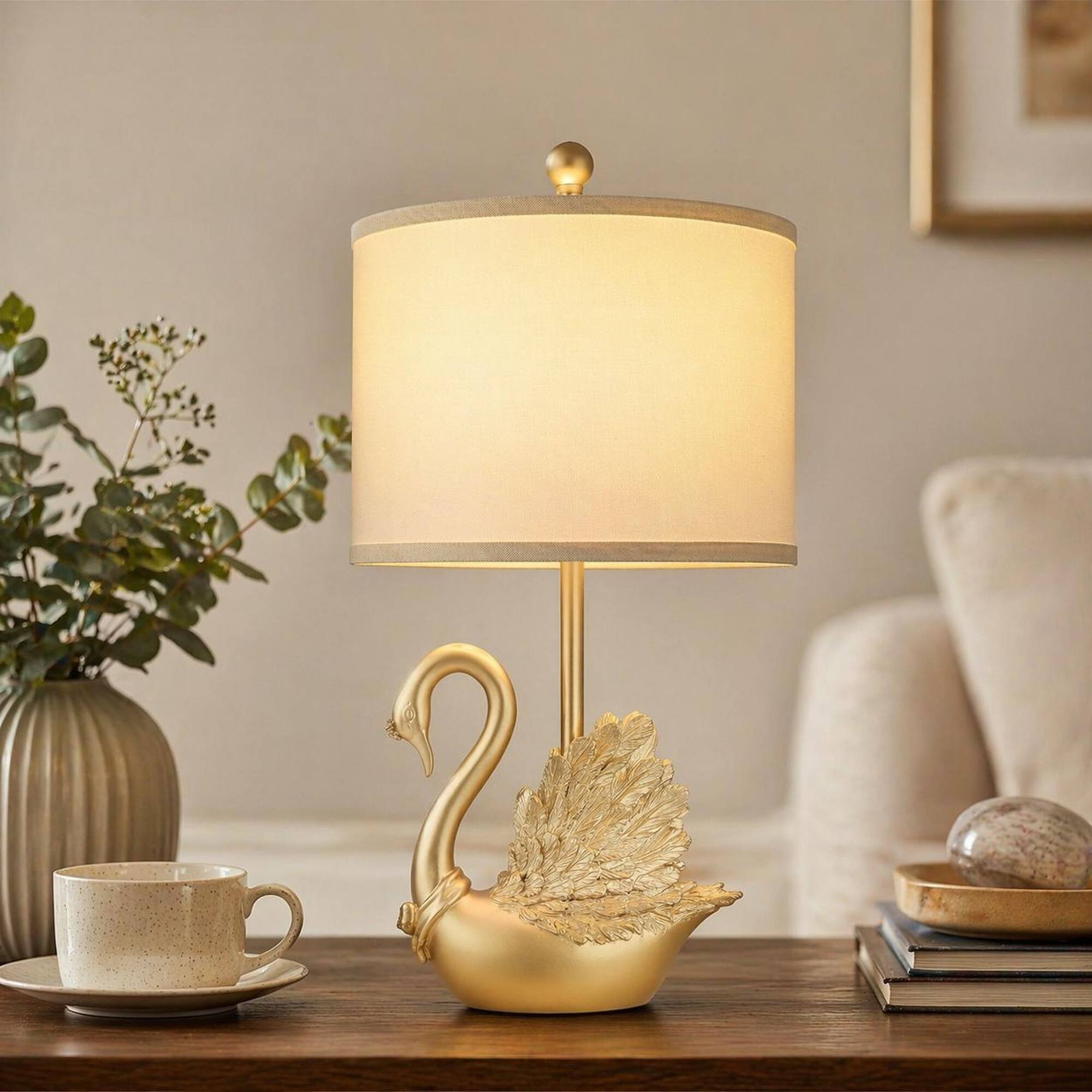 Left. RYHNUYNE - Pair of Golden Brass Swan Table Lamps with LED Bulbs – Modern Elegant Nightstand Lights for Bedroom, Living Room - Golden.