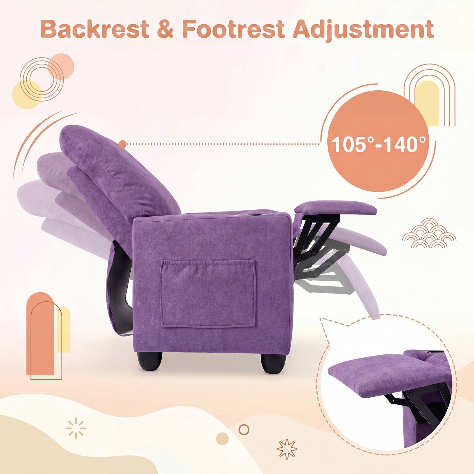 Backrest & Footrest Adjustment  
105°-140°