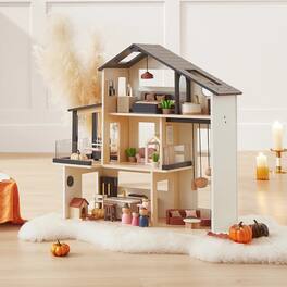 Tiny Land - Kids Dollhouse with 6 Play Areas, Modern Woodend Pretend Play House, Dollhouse Furniture & Imaginative Play Toy - Black