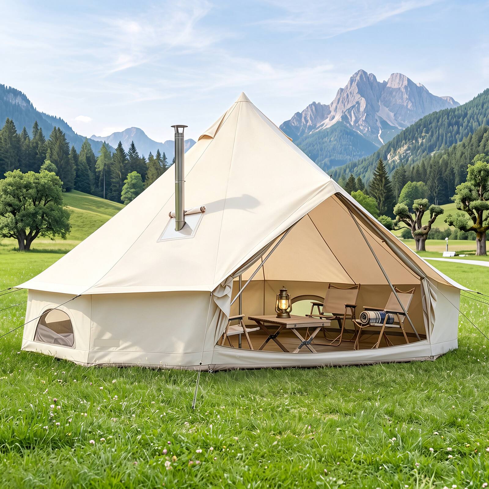 Alt View 1. Costway - Costway 13.5 ft Bell Tent with Stove Jack, Mesh Windows & Doors, Accommodates 4-6 Person - Beige.