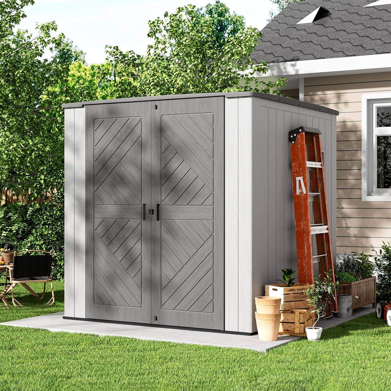 Angle. Yardgrace - Outdoor Resin Storage Shed, Weatherproof Durable Tool Shed, Lockable with Floor and Window - 6x6 ft.37 sq.