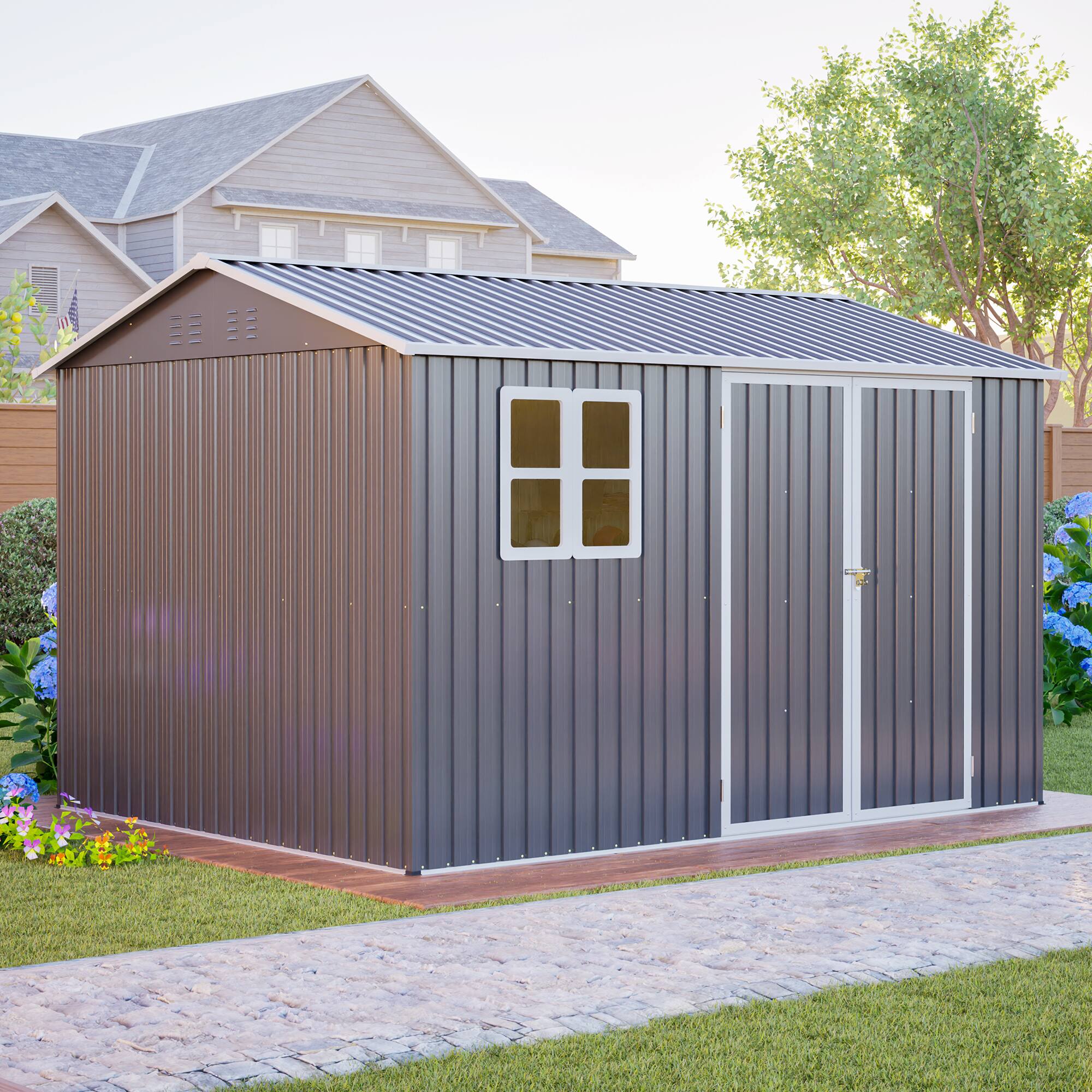 Alt View 7. Loheer - Loheer 10x8 Heavy Duty Metal Storage Shed Outdoor Tool Shed with Window and Lockable Doors Dark Gray.