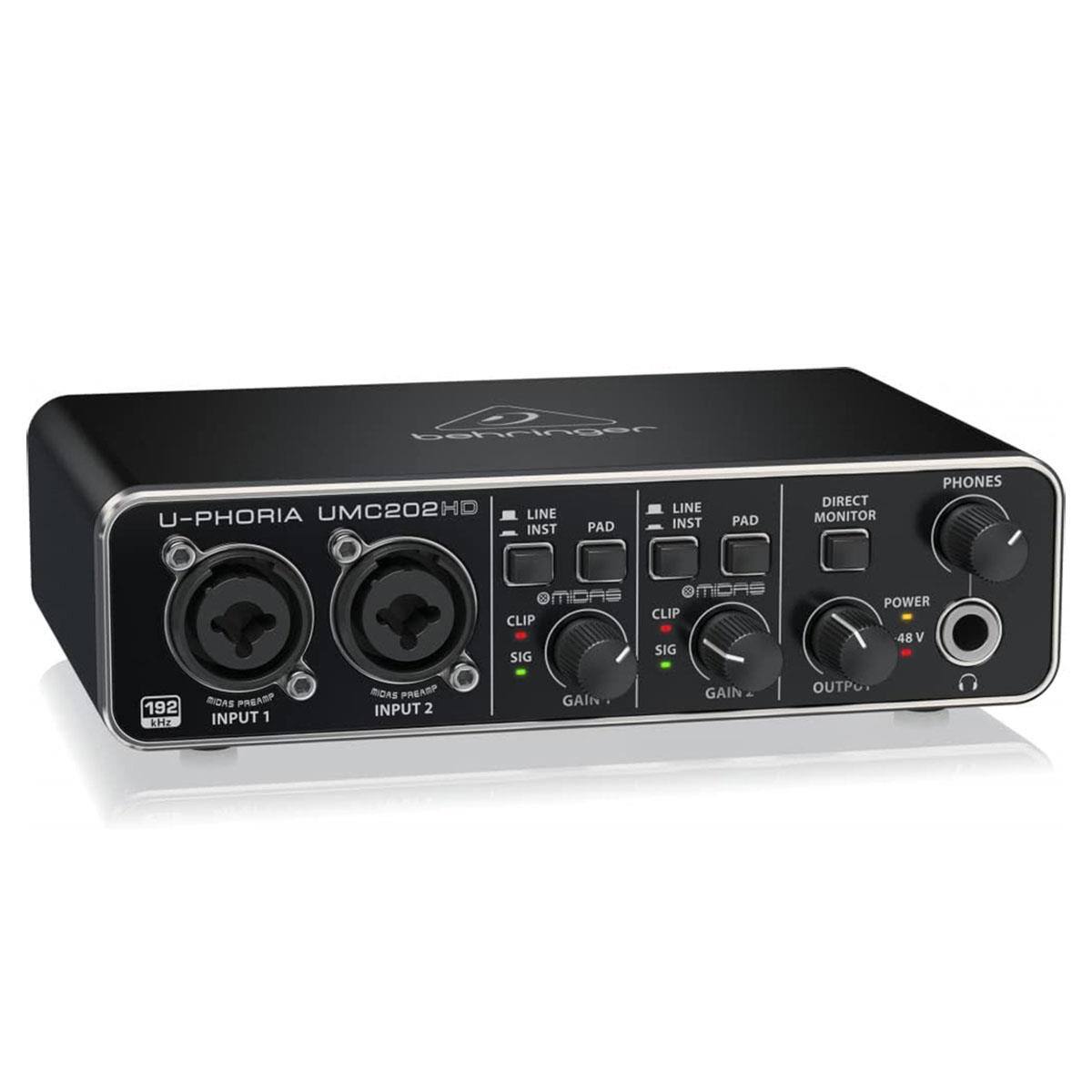 Behringer U-PHORIA UMC202 HD

LINE INST PAD LINE INST PAD DIRECT MONITOR PHONES

OMIDAS OMIDAS CLIP CLIP SIG SIG

POWER 48V

192 kHz

RDAS PREAMP INPUT 1 RDAS PREAMP INPUT 2

GAIN GAIN OUTP