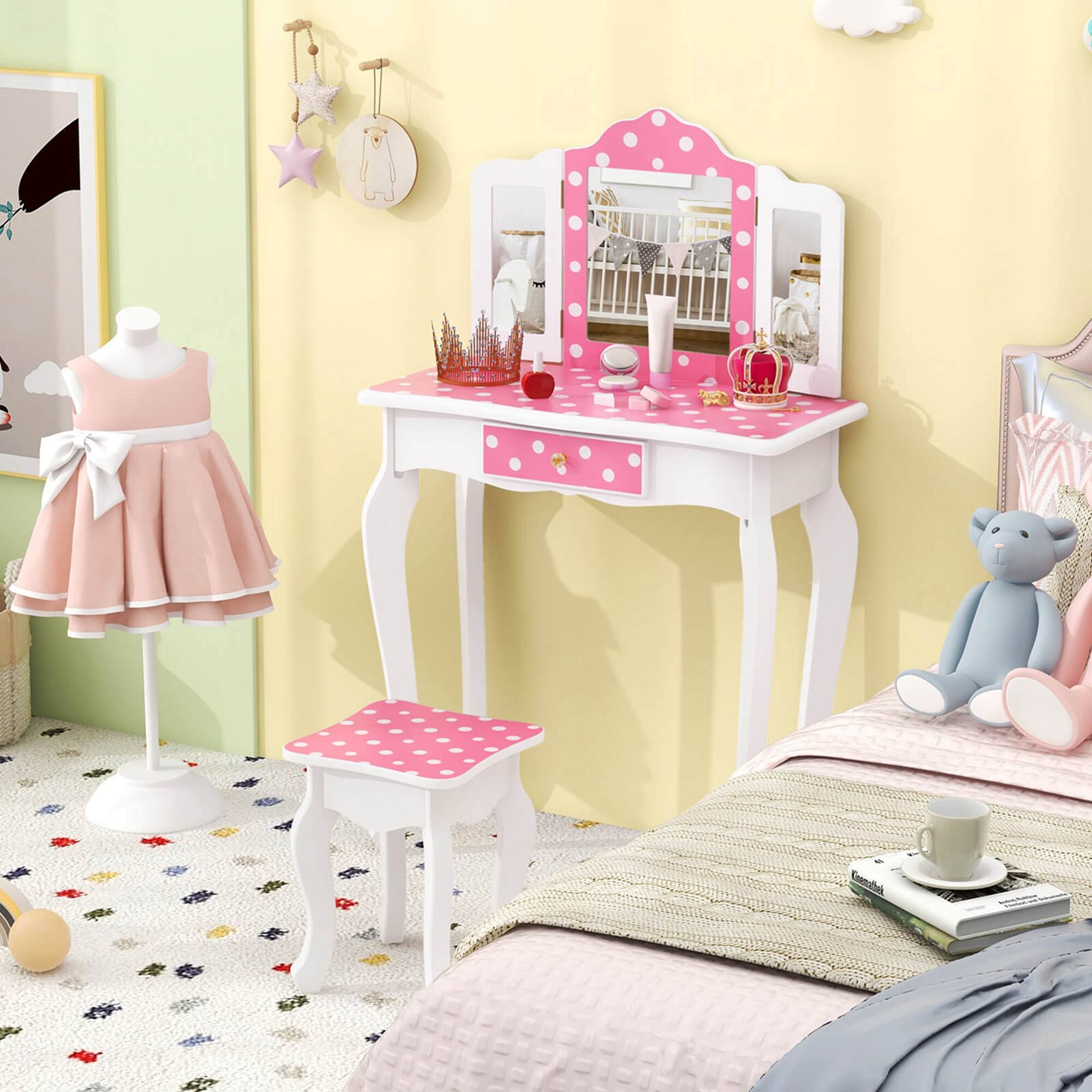 Alt View 4. Costway - Costway Kids Vanity Table & Stool Set with Cute Polka Dot Print Tri-folding Mirror Drawer - Pink,White.