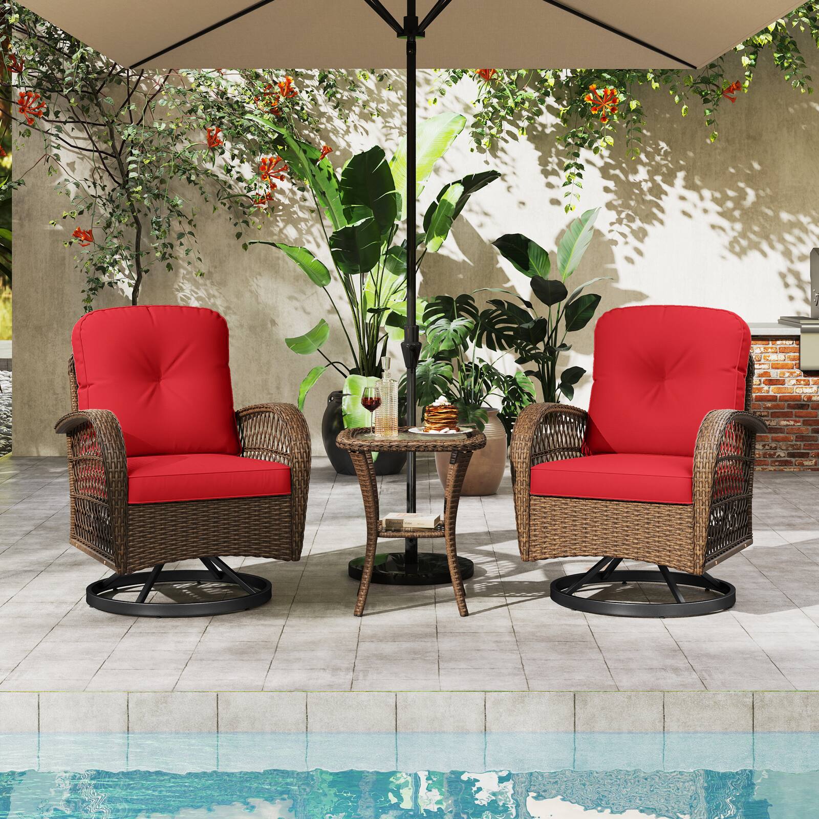 Alt View 4. Gymax - Gymax 3PCS Patio Swivel Rocker Set Gliding Bistro Furniture Set w/Tempered Glass Table - Red.