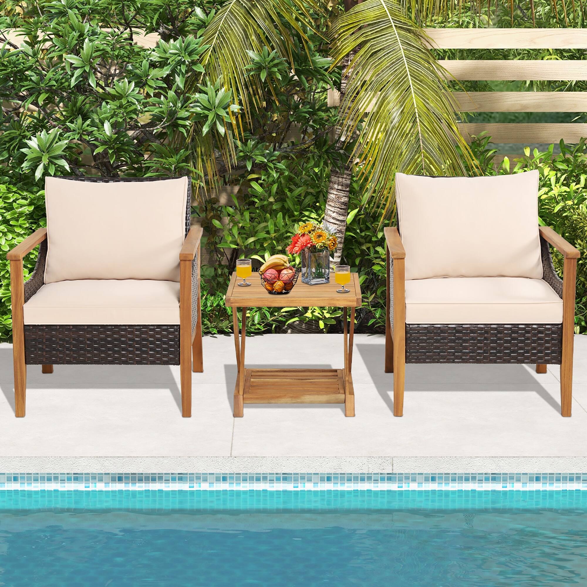 Alt View 3. Costway - Costway 3PCS Patio Wicker Furniture Set Cushioned Armchairs with 2-Tier Side Table Balcony - Natural.
