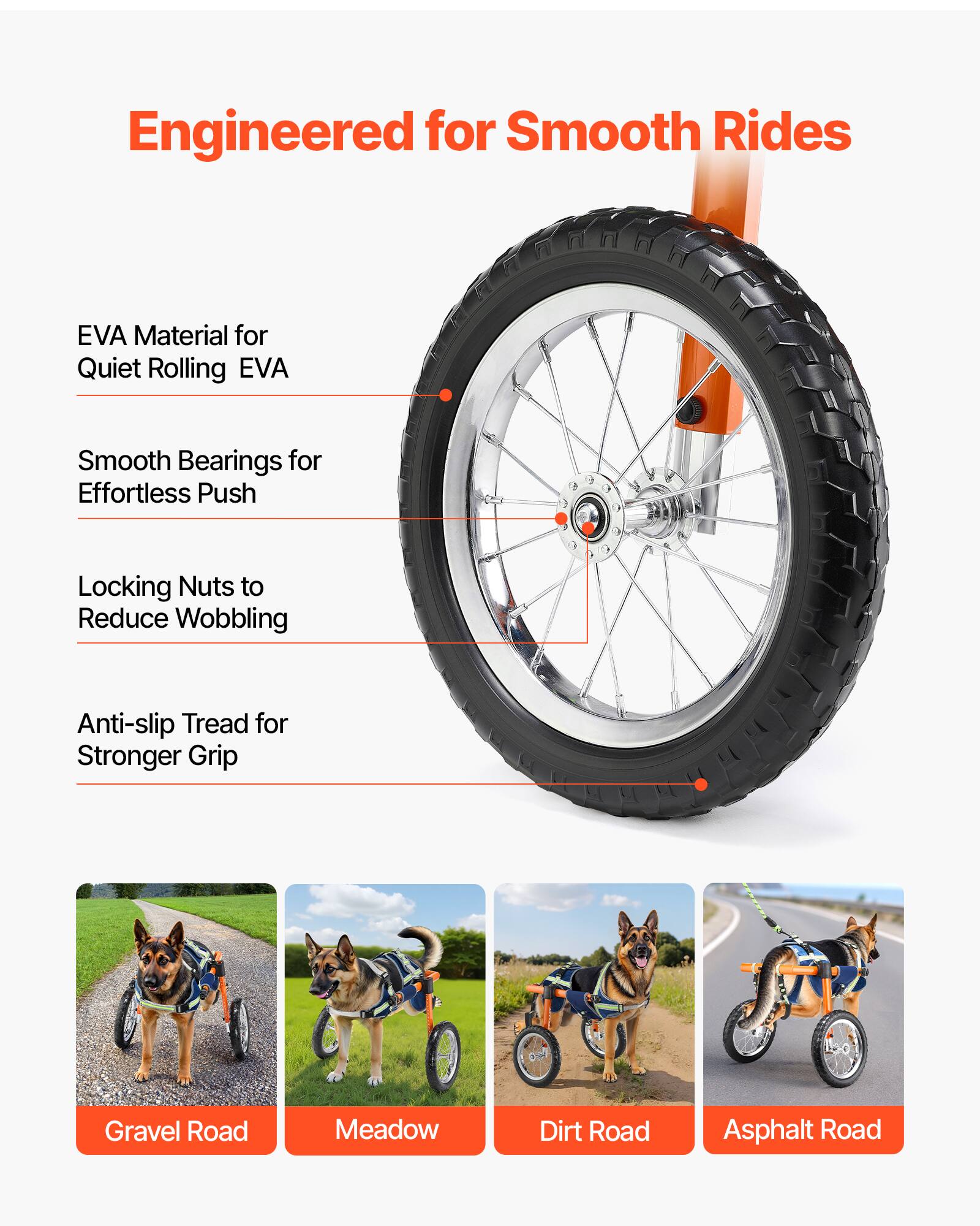 Engineered for Smooth Rides

- EVA Material for Quiet Rolling
- Smooth Bearings for Effortless Push
- Locking Nuts to Reduce Wobbling
- Anti-slip Tread for Stronger Grip

Gravel Road  
Meadow  
Dirt Road  
Asphalt Road