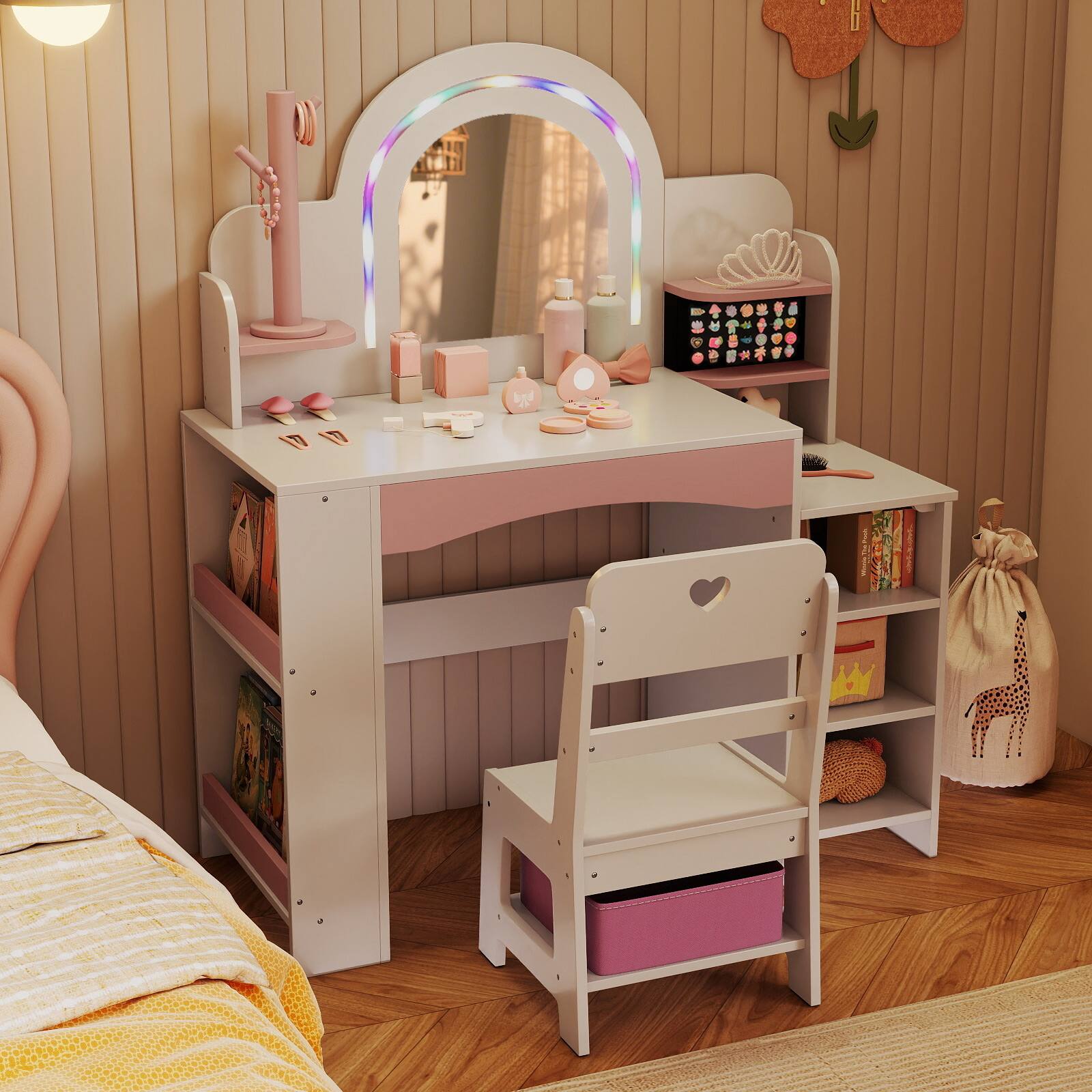 Alt View 3. Gymax - Gymax Kids Vanity Desk w/Mirror & Lights Princess Pretend Play Makeup Table White - White.