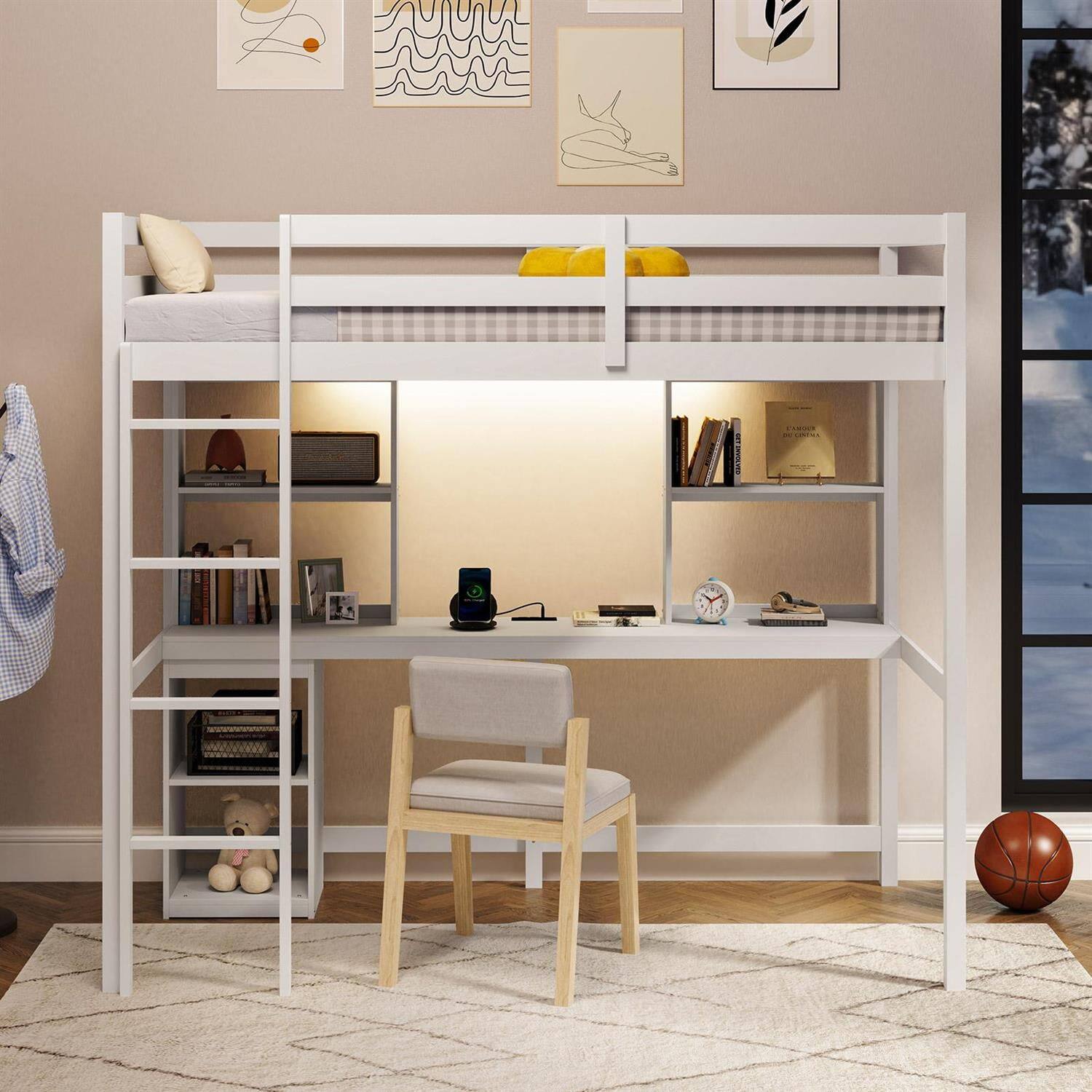 Alt View 1. Pefilos - Twin Size Loft Bed, LED Light & Built-in Desk, Recessed Power Strip, Bookcases & Storage Cabinet, Kits & Guardrails - White.