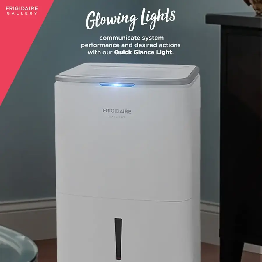 The text on the image is grouped and corrected as follows:

"Frigidaire Gallery Glowing Lights communicate system performance and desired actions with our Quick Glance Light. Frigidaire Gallery."