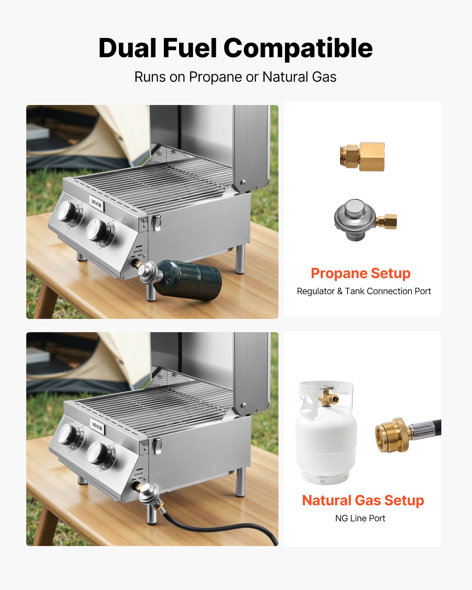 Dual Fuel Compatible  
Runs on Propane or Natural Gas  

Propane Setup  
Regulator & Tank Connection Port  

Natural Gas Setup  
NG Line Port