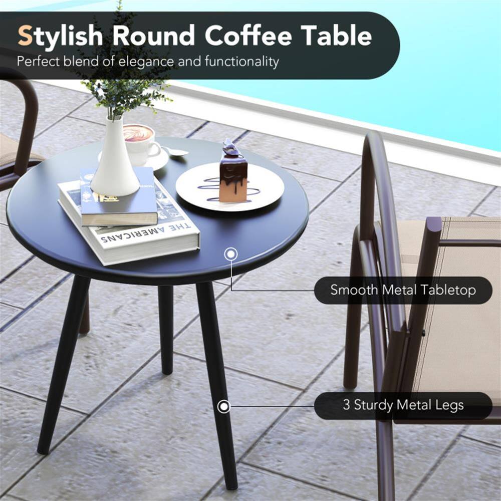 Stylish Round Coffee Table  
Perfect blend of elegance and functionality  

Smooth Metal Tabletop  
3 Sturdy Metal Legs
