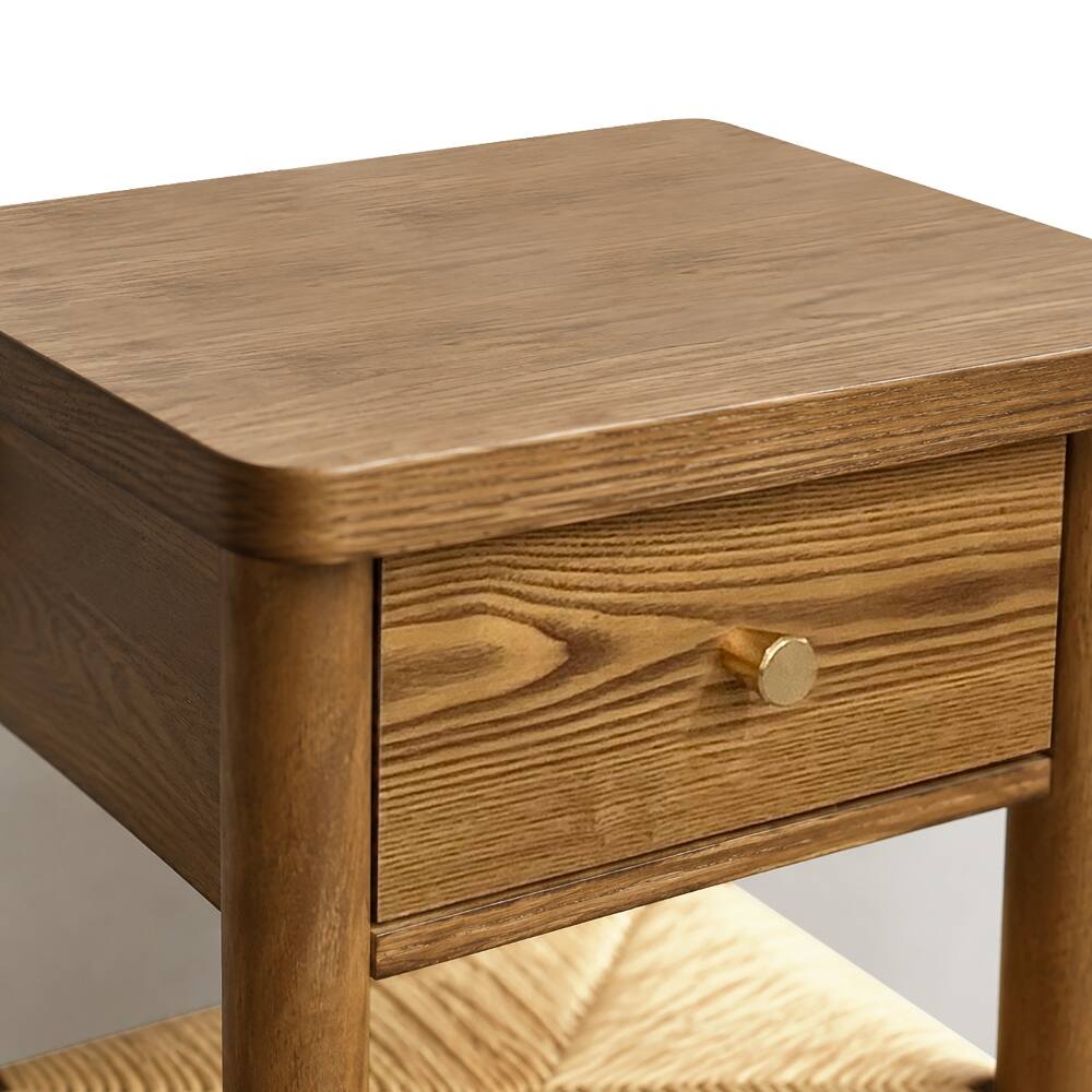 Alt View 6. Loheer - Loheer Walnut Nightstand Solid Wood End Table with Drawer Jute Shelf Rounded Edge Bedside Table for Bedroom Living Room - Walnut.