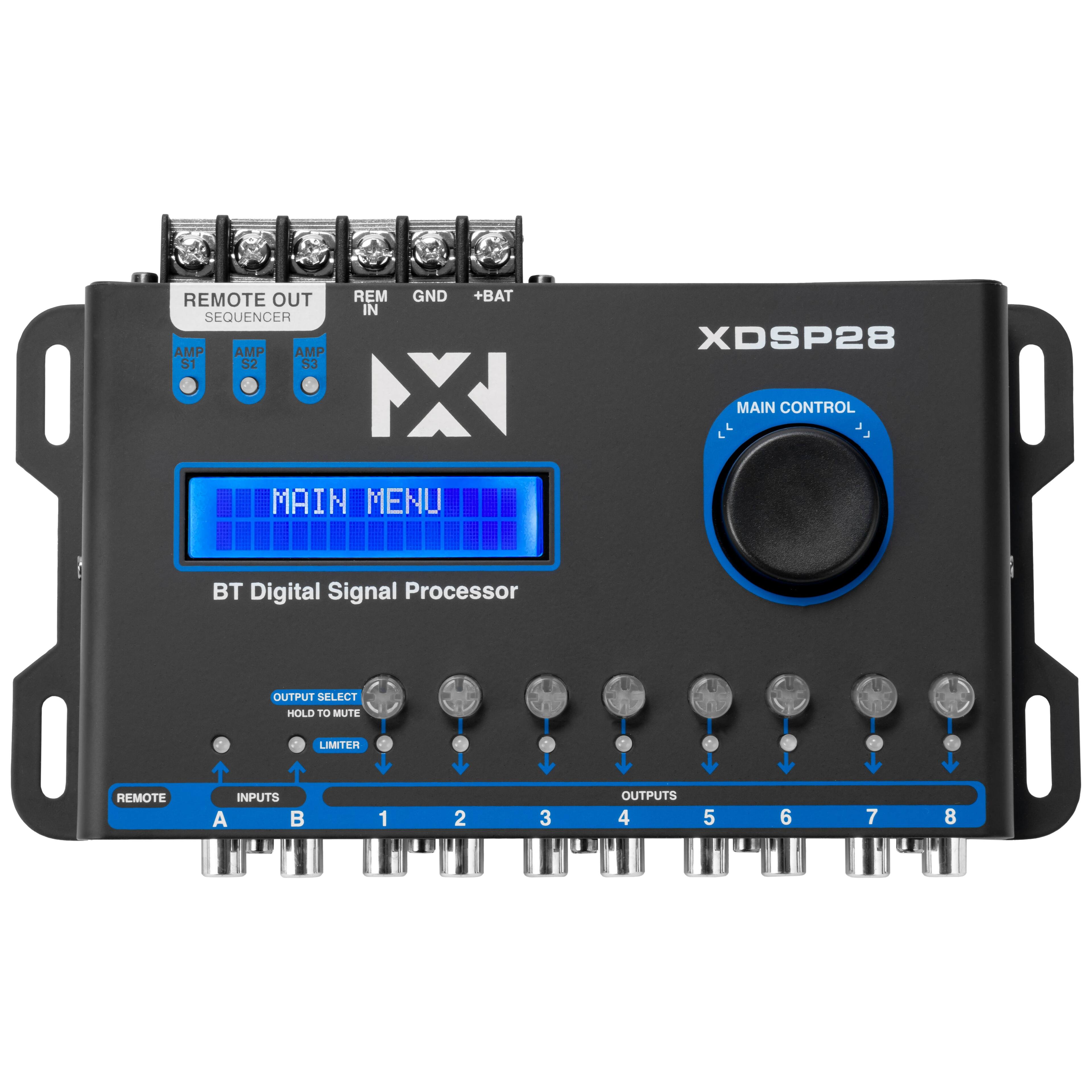 REMOTE OUT  
SEQUENCER  
REM IN  
GND  
+BAT  

AMP S1  
AMP S2  
AMP S3  

MAIN MENU  

BT Digital Signal Processor  

REMOTE  
INPUTS  
A  
B  
1  
2  
3  

OUTPUT SELECT  
HOLD TO MUTE  
LIMITER  

OUTPUTS  
4  
5  
6  
7  
8  

MAIN CONTROL
