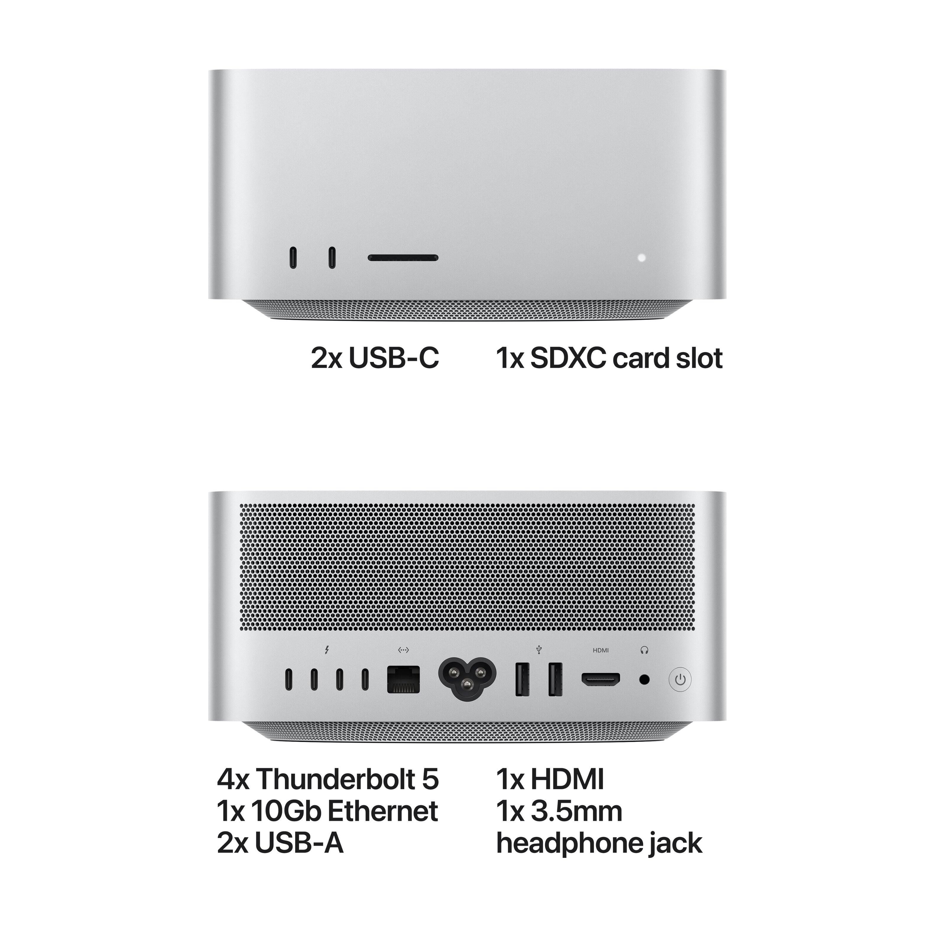 2x USB-C  
1x SDXC card slot  

4x Thunderbolt 5  
1x HDMI  
1x 10Gb Ethernet  
2x USB-A  
1x 3.5mm headphone jack